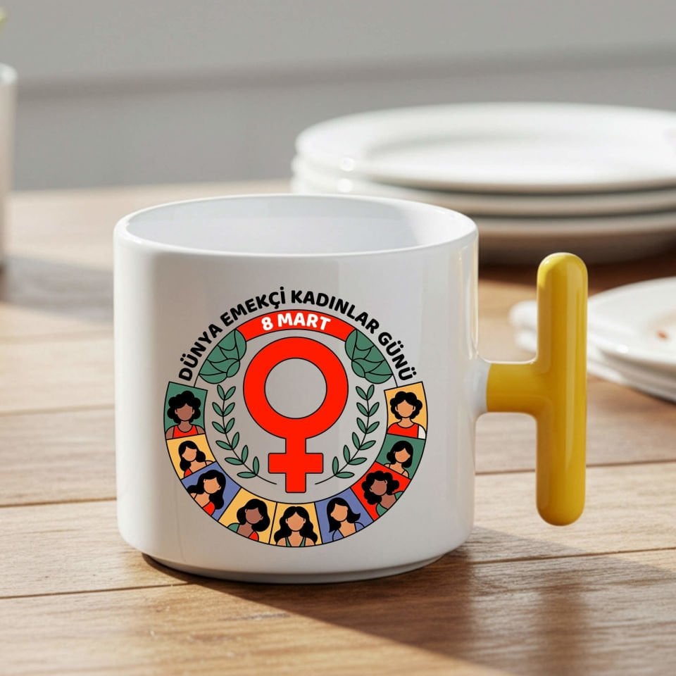 8 Mart Dünya Emekçi Kadınlar Günü Kutlu Olsun T Kupa Sarı Renk Porselen Bardak