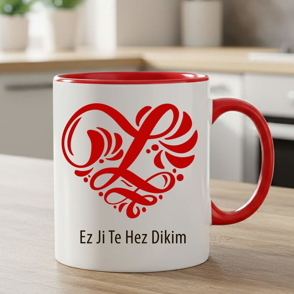 Kürtçe Ez Ji Te Hez Dikim Yazılı Kalpli Kırmızı Renkli Klasik Kupa Bardağı - Ez Ji Te Hez Dikim Yazılı Kalpli Kırmızı Renkli Klasik Kupa Bardak