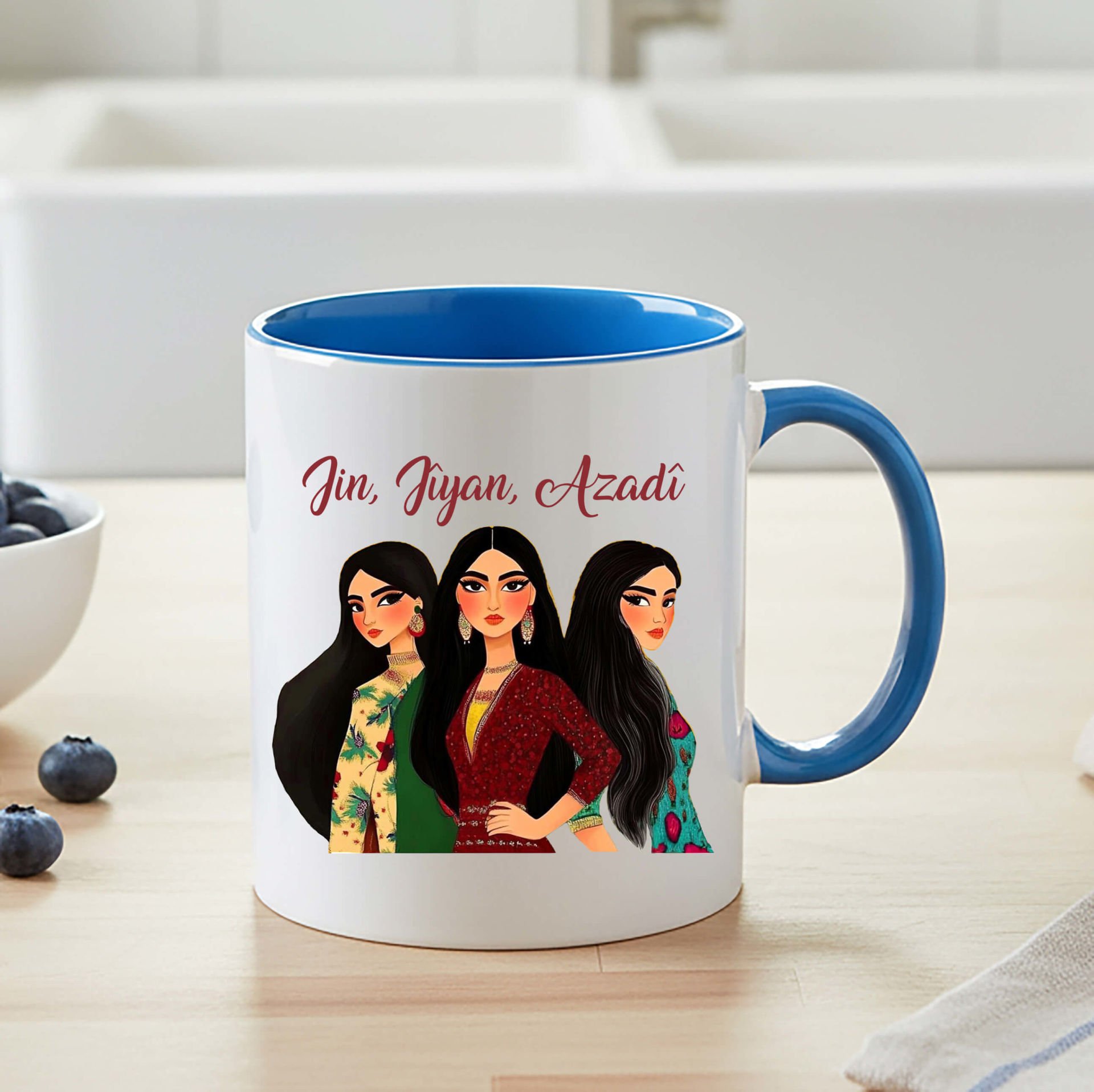 Jin Jiyan Azadi Yazılı Mavi Renkli Klasik Kupa Bardağı - EJin Jiyan Azadi Mavi Renkli Klasik Kupa Bardak