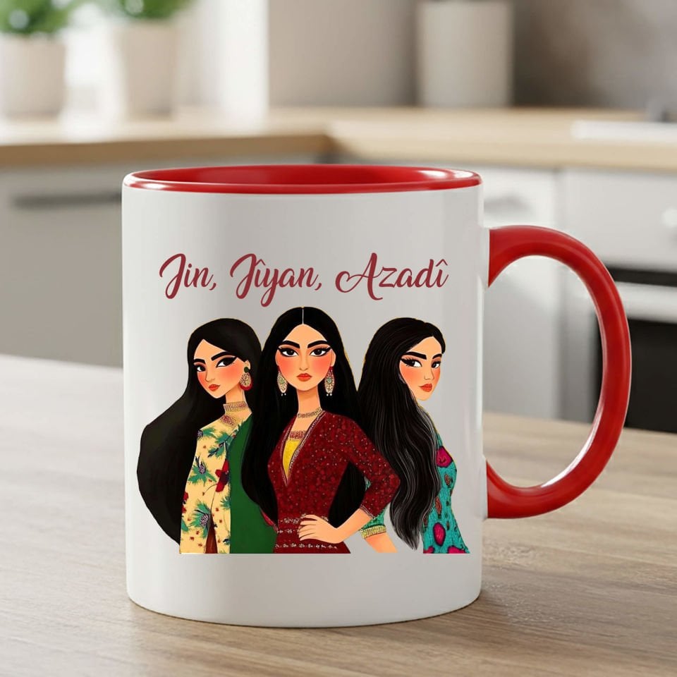 Jin Jiyan Azadi Yazılı Kırmızı Renkli Klasik Kupa Bardağı - Jin Jiyan Azadi Kırmızı Renkli Klasik Kupa Bardak