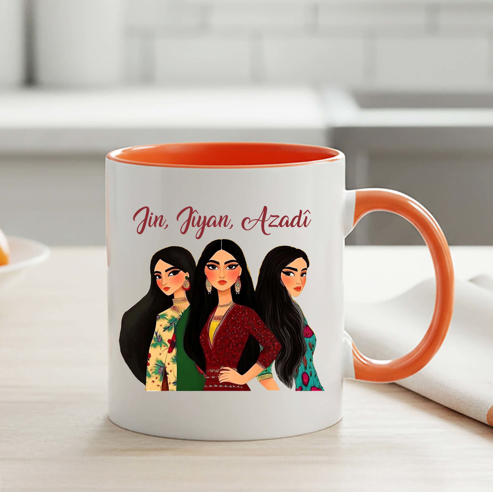 Jin Jiyan Azadi Yazılı Turuncu Renkli Klasik Kupa Bardağı - Jin Jiyan Azadi Turuncu Renkli Klasik Kupa Bardak