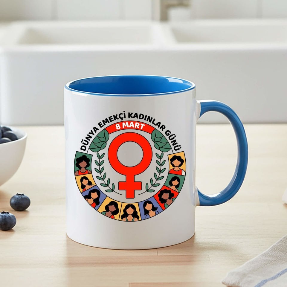 8 Mart Dünya Emekçi Kadınlar Günü Kutlu Olsun Klasik Mavi Renk Porselen Kupa Bardak