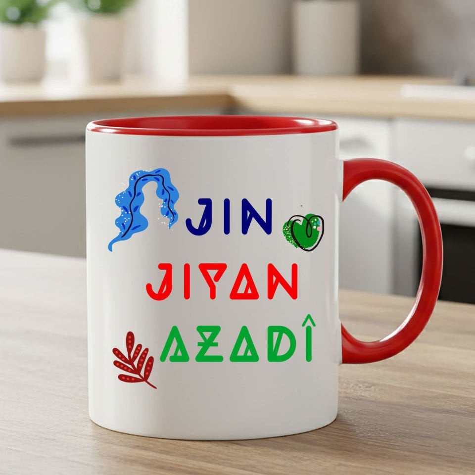Jin Jiyan Azadi Tasarımlı Kırmızı Renkli Klasik Kupa Bardağı - Jin Jiyan Azadi Kırmızı Renkli Klasik Kupa Bardak