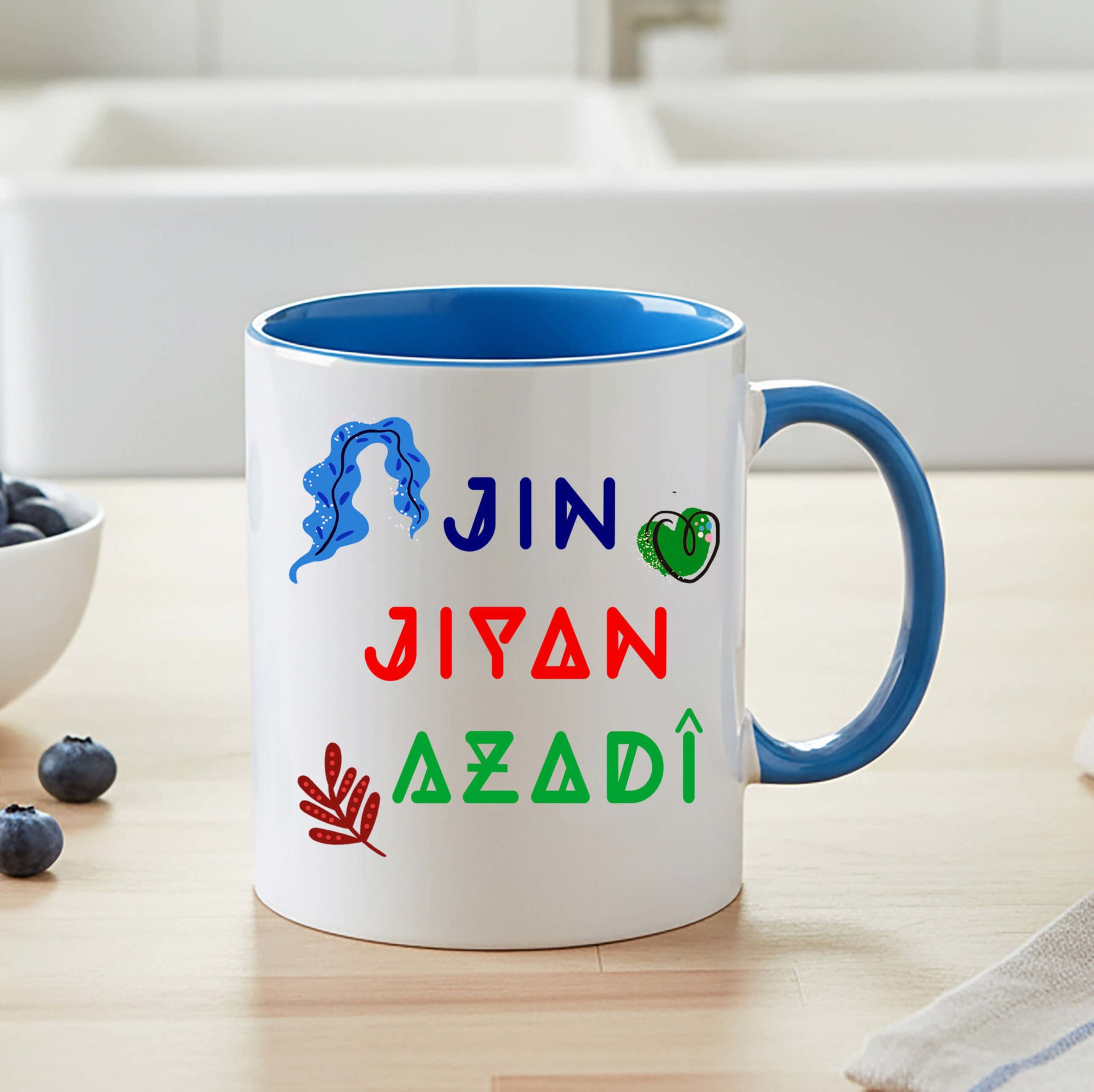 Jin Jiyan Azadi Tasarımlı Mavi Renkli Klasik Kupa Bardağı - Jin Jiyan Azadi Mavi Renkli Klasik Kupa Bardak