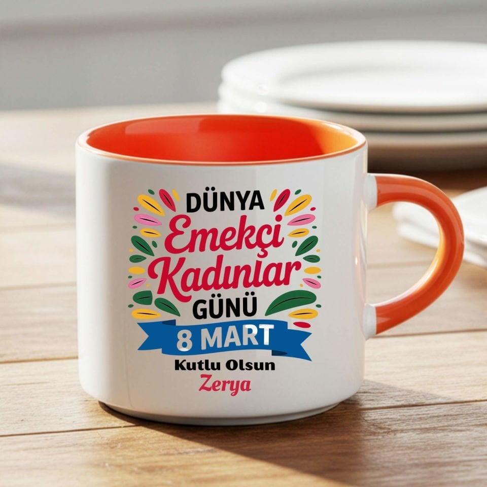 İsme Özel 8 Mart Dünya Emekçi Kadınlar Günü Kutlu Olsun Nescafe Turuncu Renk Porselen Kupa Bardak