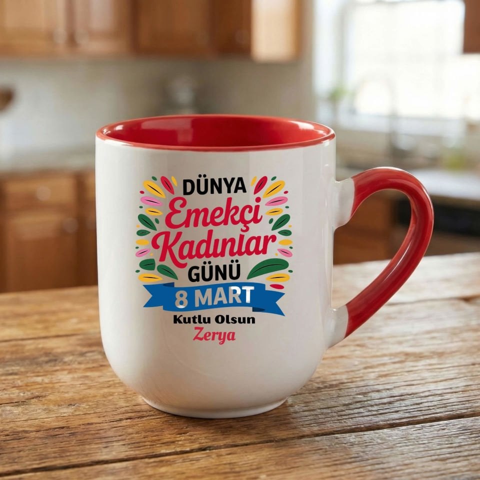 İsme Özel 8 Mart Dünya Emekçi Kadınlar Günü Kutlu Olsun Elite Oval Kırmızı Renk Porselen Kupa Bardak