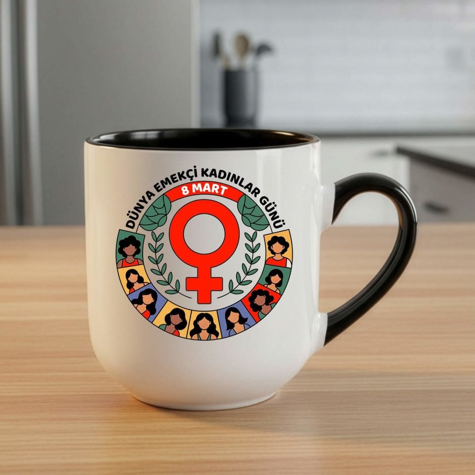 8 Mart Dünya Emekçi Kadınlar Günü Kutlu Olsun Elite Oval Siyah Renk Porselen Kupa Bardak