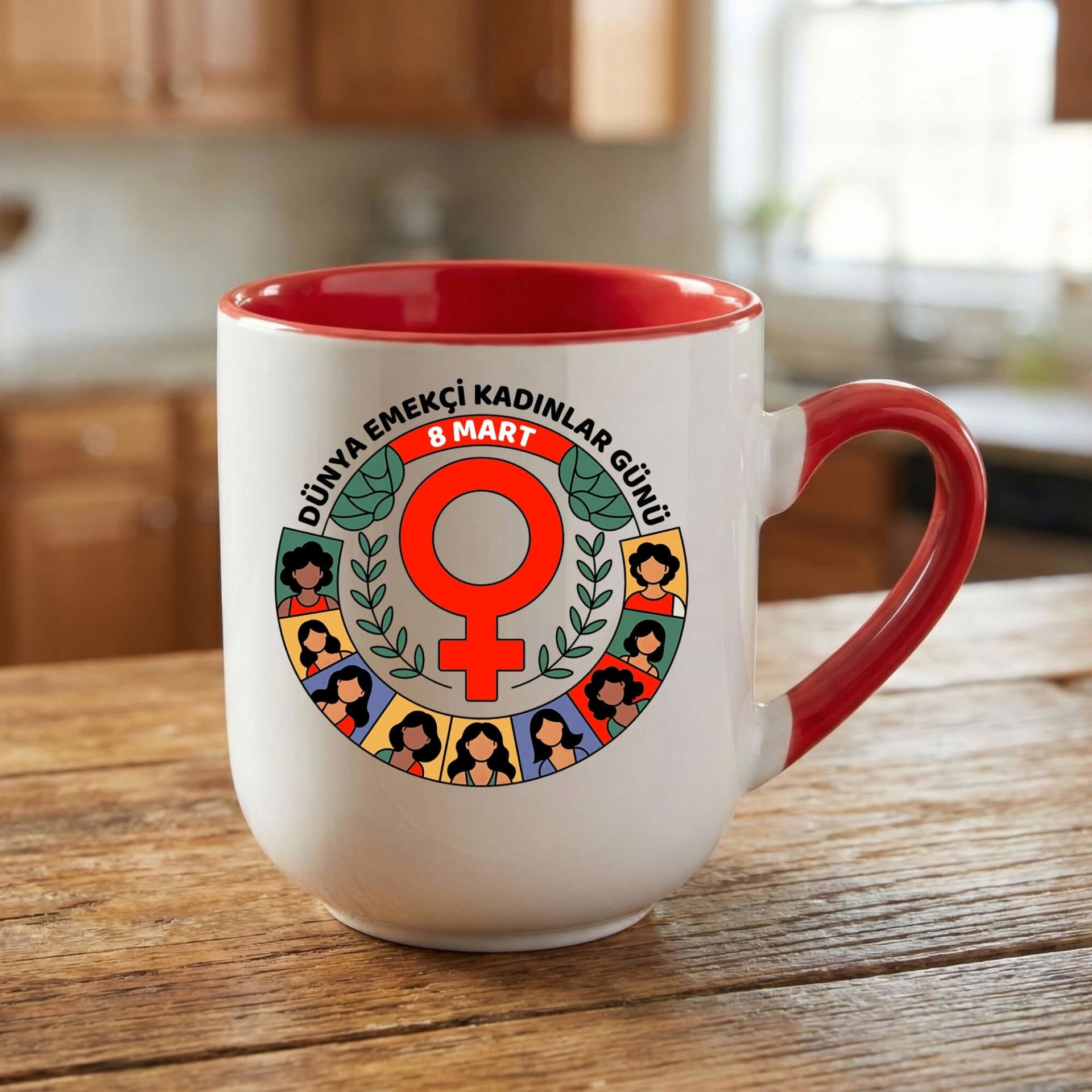 8 Mart Dünya Emekçi Kadınlar Günü Kutlu Olsun Elite Oval Kırmızı Renk Porselen Kupa Bardak