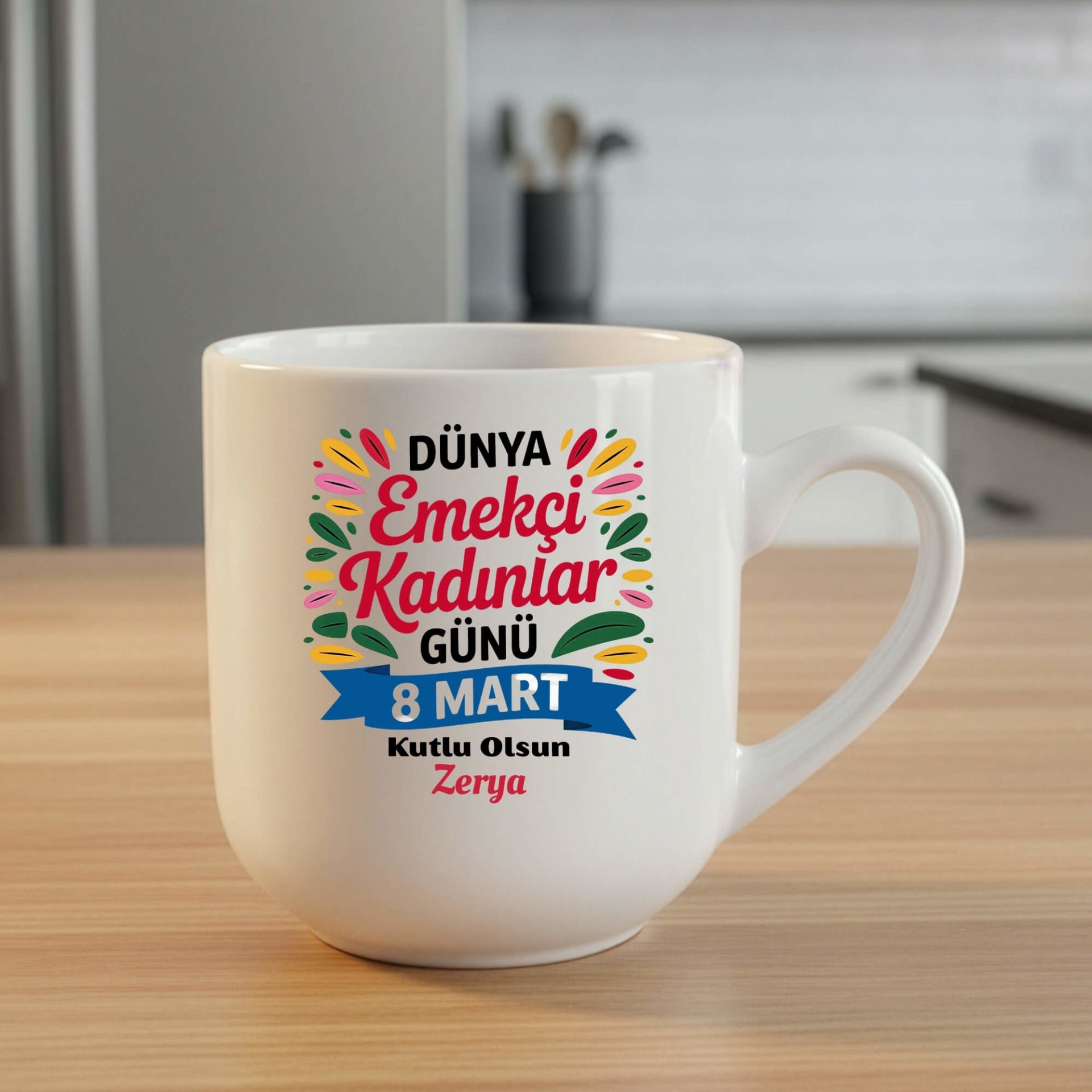 İsme Özel 8 Mart Dünya Emekçi Kadınlar Günü Kutlu Olsun Oval Elite Beyaz Renk Porselen Kupa Bardak