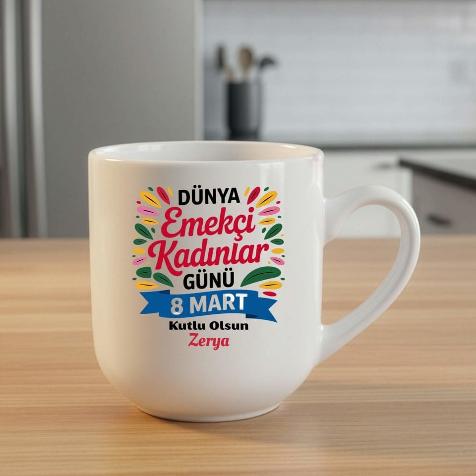 İsme Özel 8 Mart Dünya Emekçi Kadınlar Günü Kutlu Olsun Oval Elite Beyaz Renk Porselen Kupa Bardak