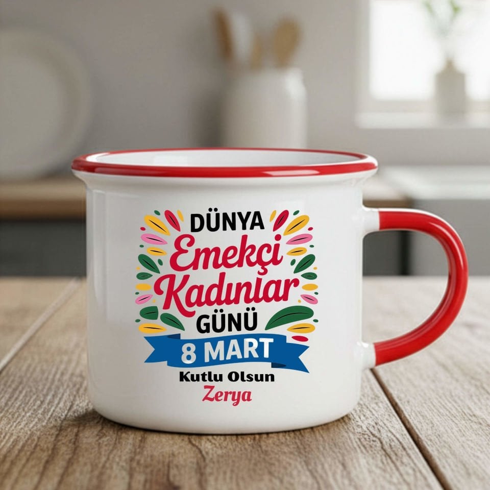İsme Özel 8 Mart Dünya Emekçi Kadınlar Günü Kutlu Olsun Enamel Kırmızı Renk Porselen Kupa Bardak