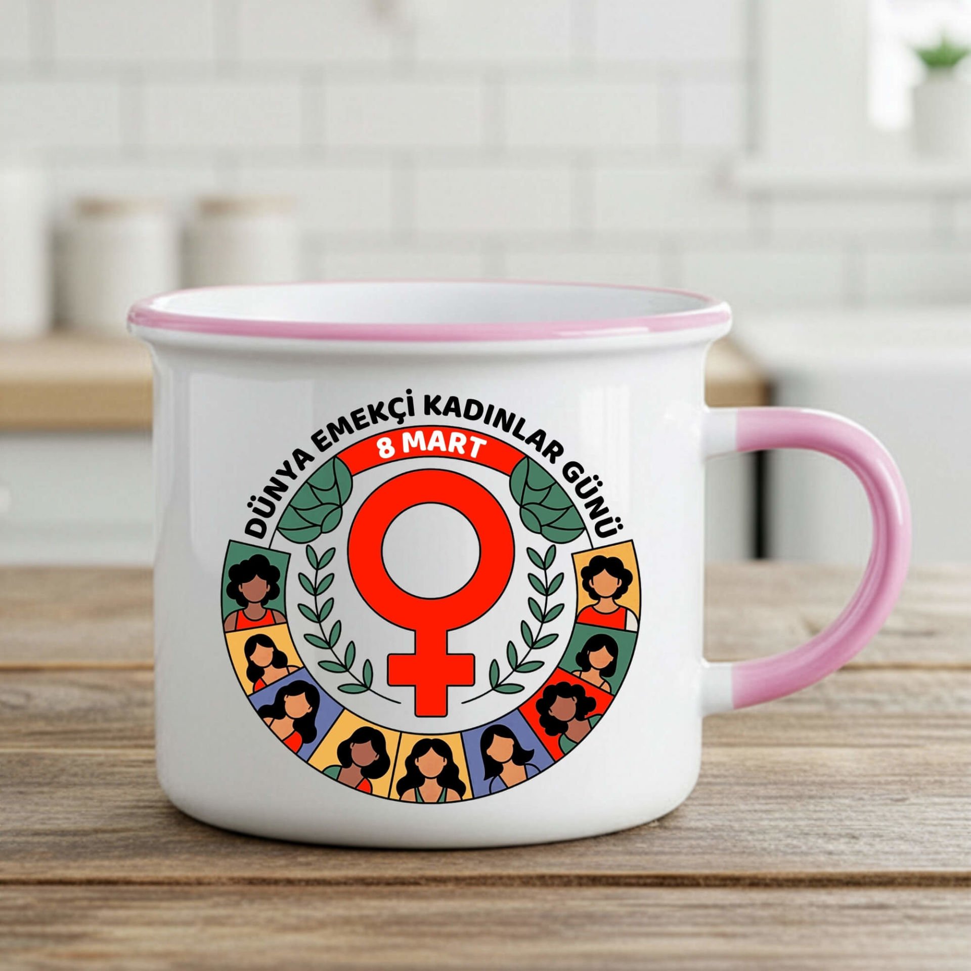 8 Mart Dünya Emekçi Kadınlar Günü Kutlu Olsun Enamel Pembe Renk Porselen Kupa Bardak
