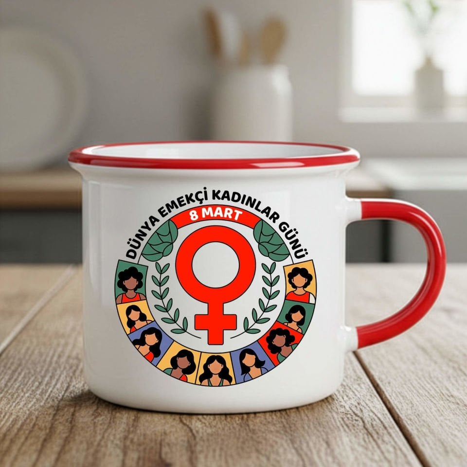 8 Mart Dünya Emekçi Kadınlar Günü Kutlu Olsun Enamel Kırmızı Renk Porselen Kupa Bardak
