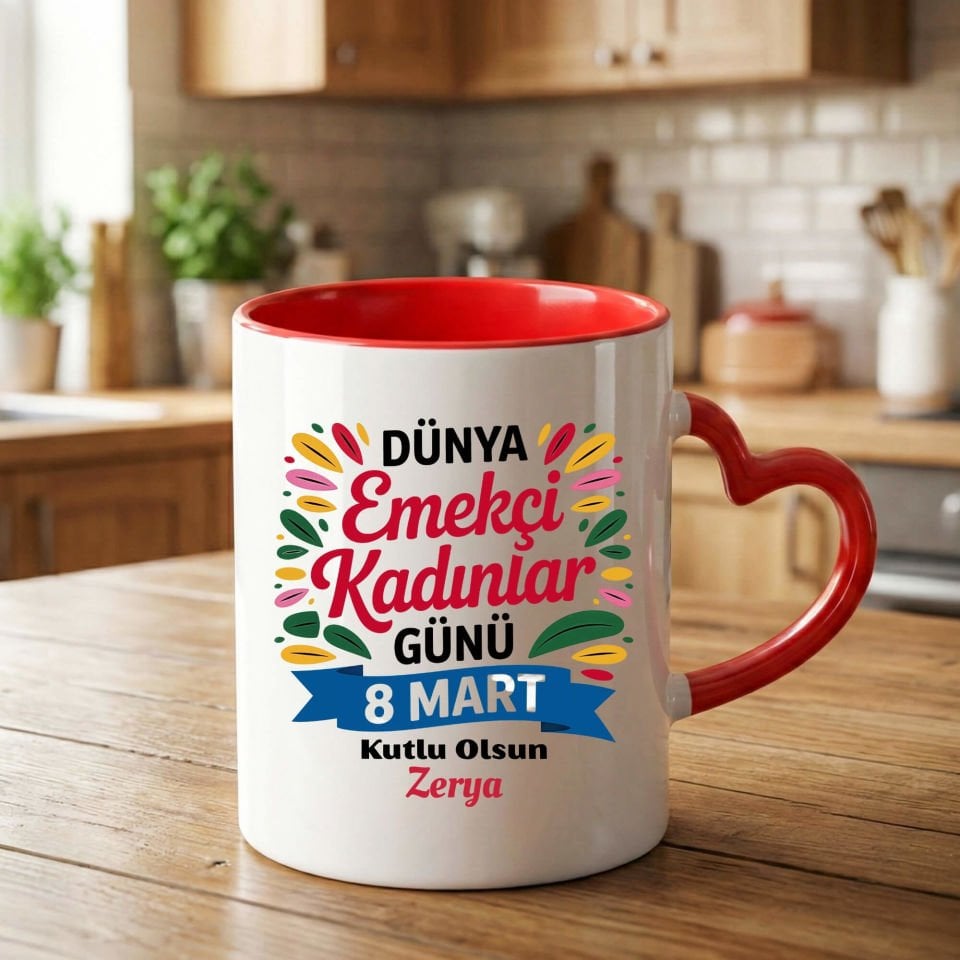 İsme Özel 8 Mart Dünya Emekçi Kadınlar Günü Kutlu Olsun Kırmızı Renk Kalpli Porselen Kupa Bardak