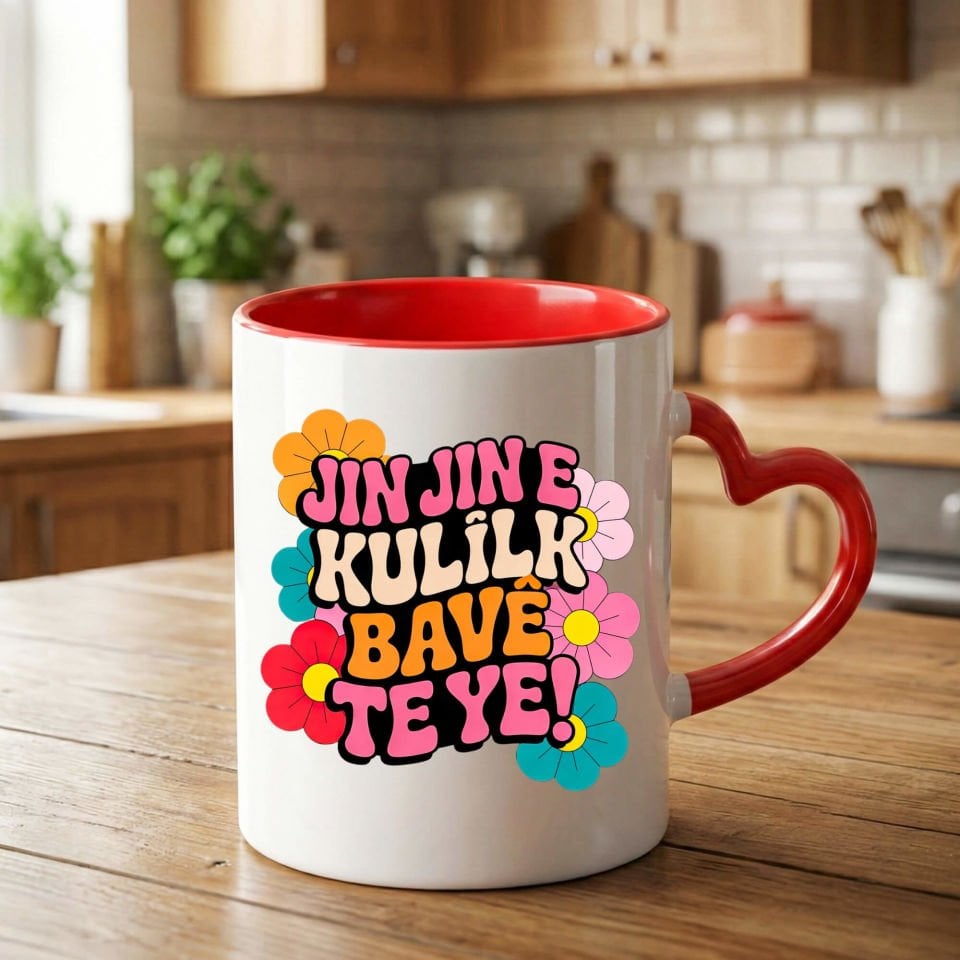 Jin Jin e Kulîlk Bavê Te Ye Kırmızı Renk Kalpli Porselen Kupa Bardak