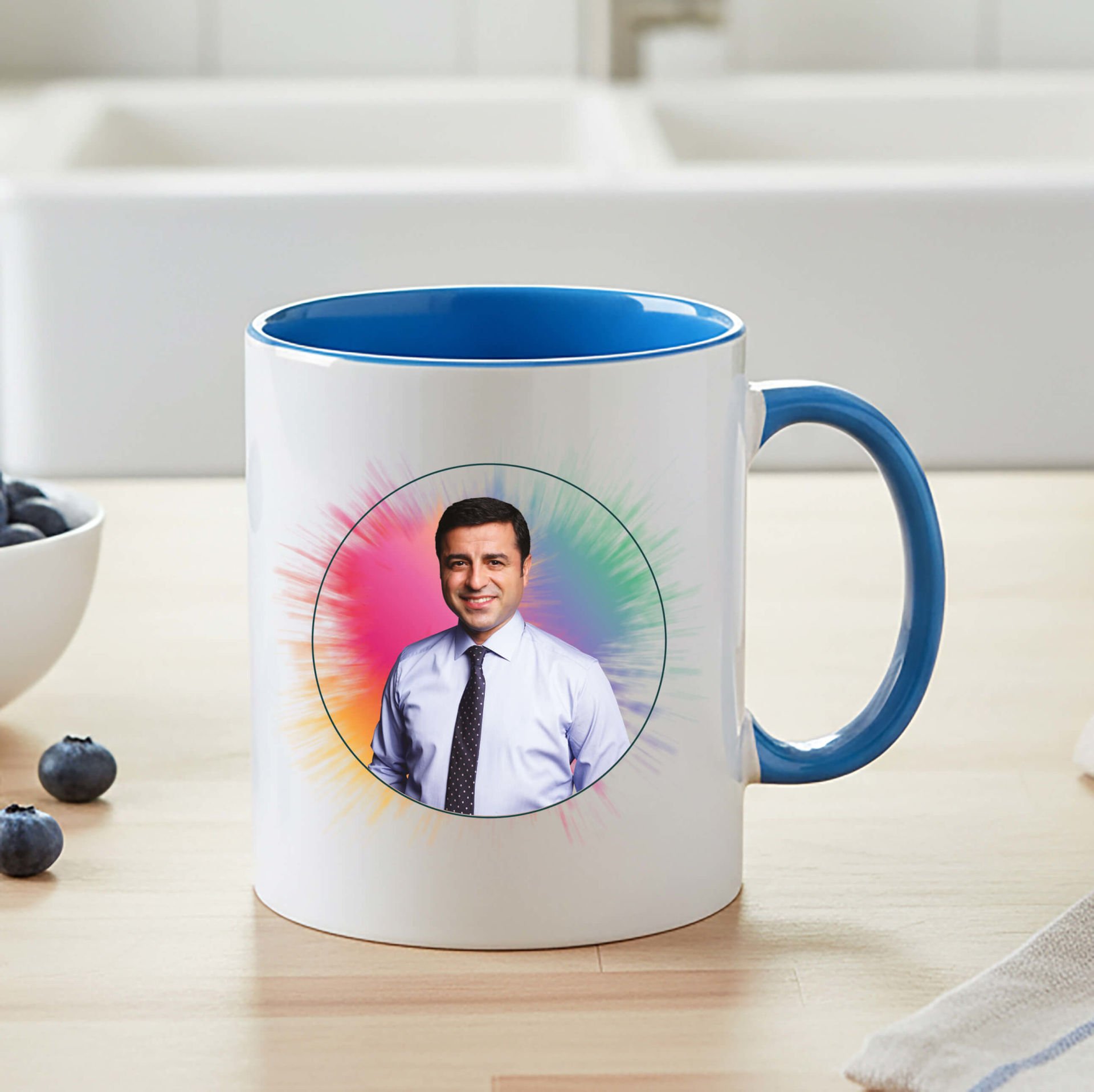 Selahattin Demirtaş Resimli Mavi Renkli Kupa Bardağı - Selahattin Demirtaş Mavi Klasik Kupa Bardak