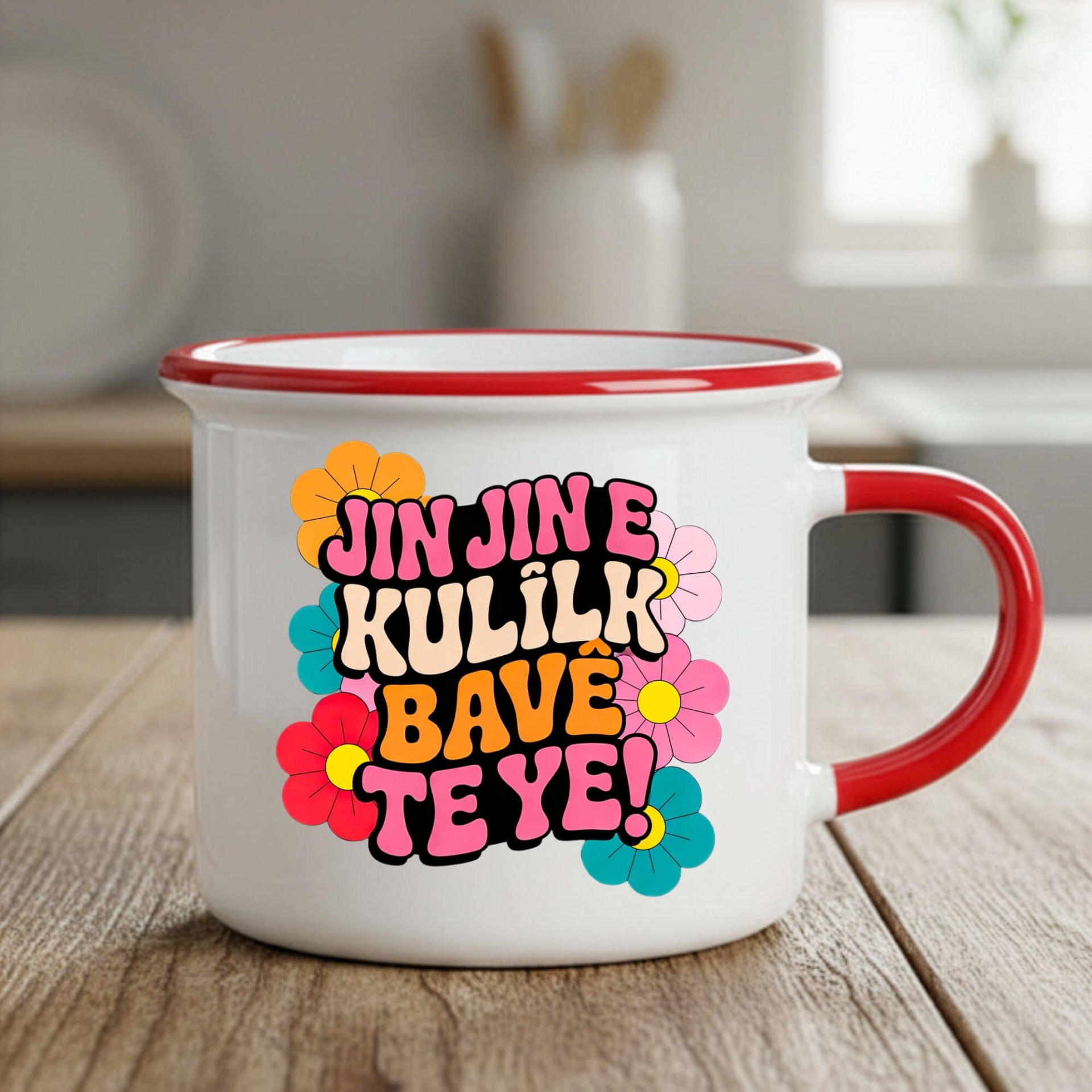 Jin Jin e Kulîlk Bavê Te Ye Enamel Kırmızı Renk Porselen Kupa Bardak