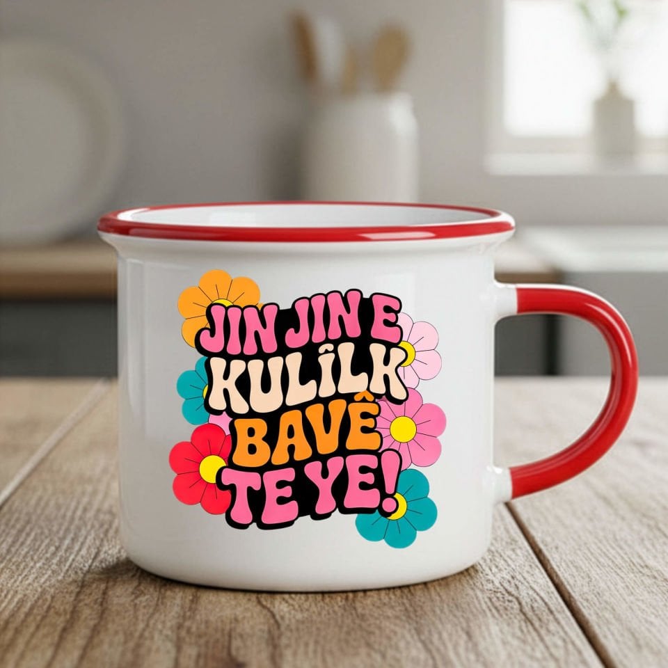 Jin Jin e Kulîlk Bavê Te Ye Enamel Kırmızı Renk Porselen Kupa Bardak