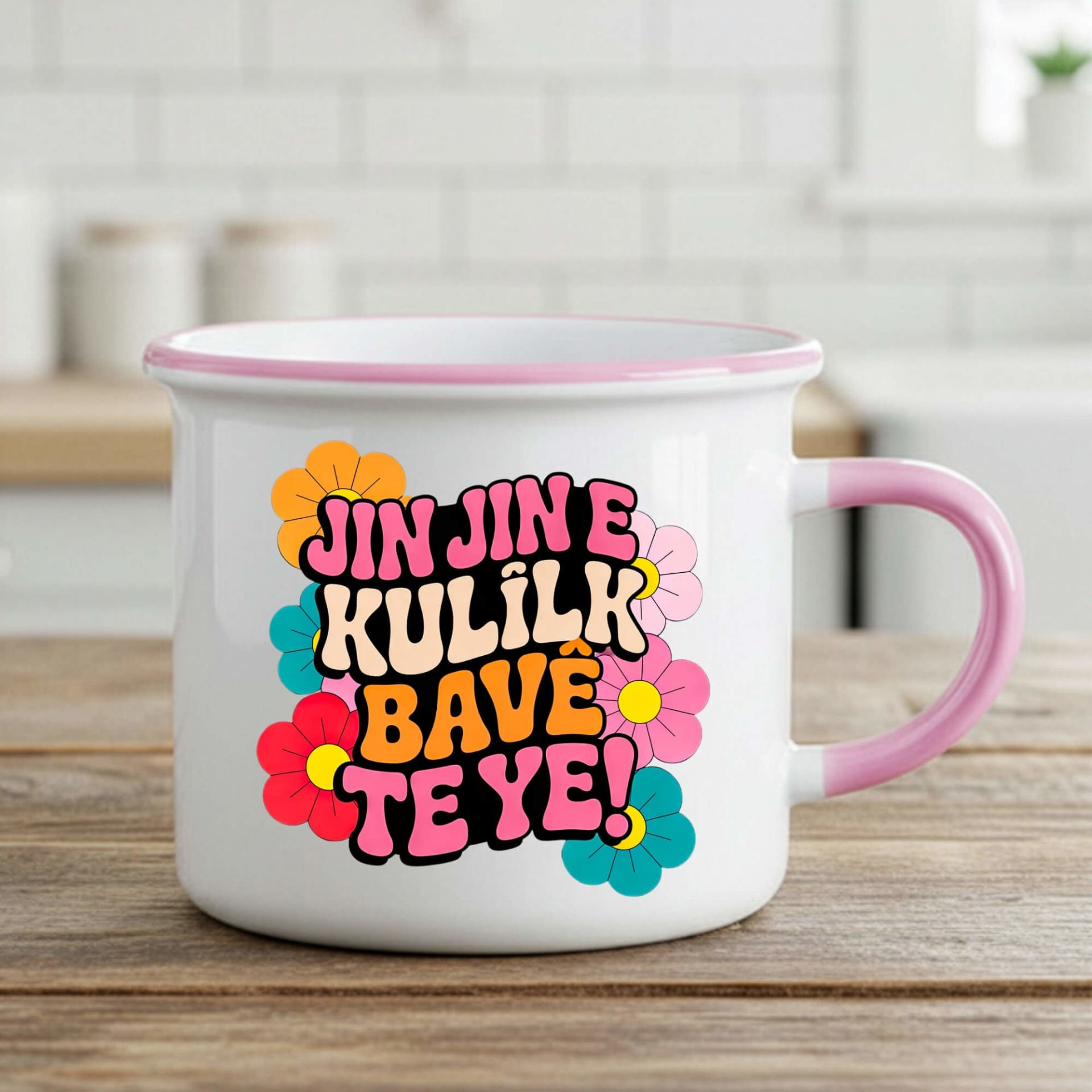 Jin Jin e Kulîlk Bavê Te Ye Enamel Pembe Renk Porselen Kupa Bardak