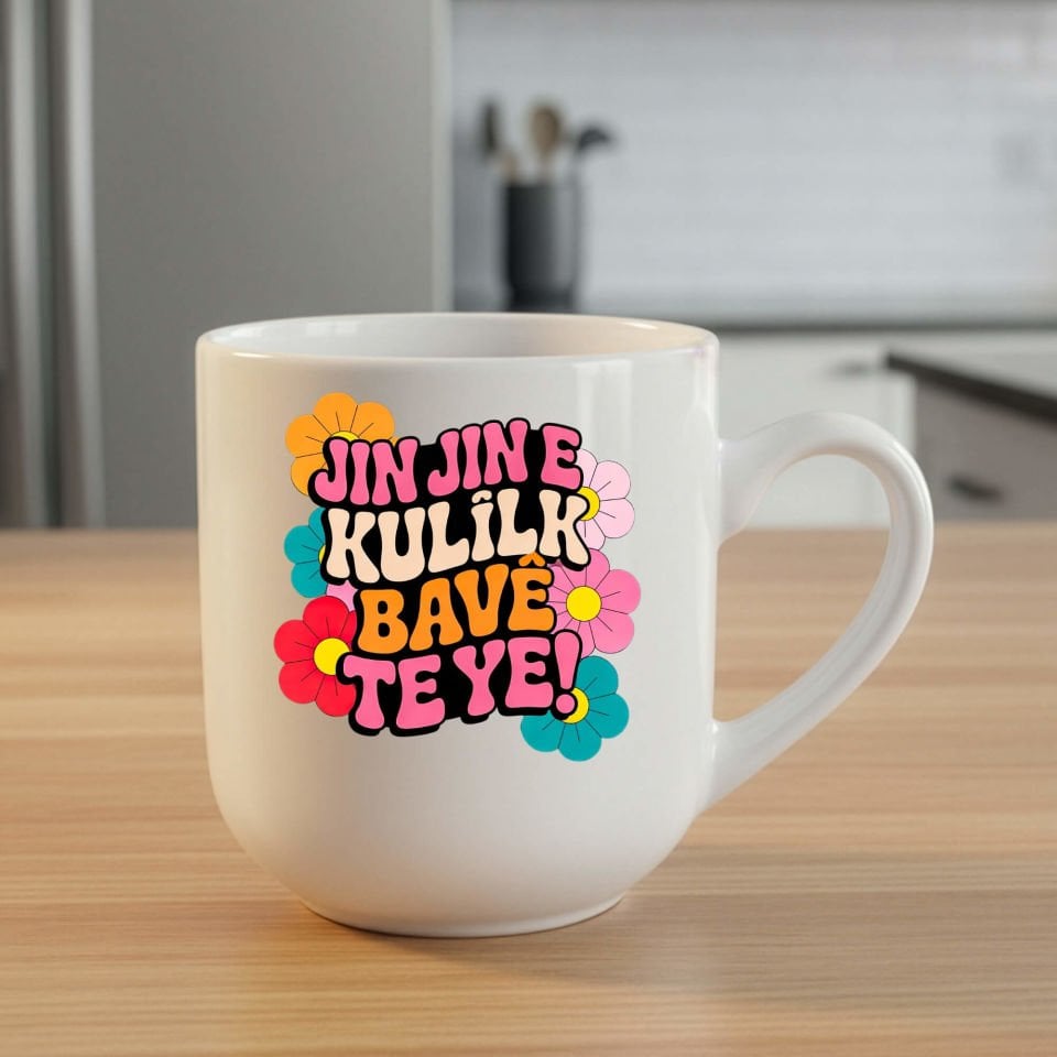 Jin Jin e Kulîlk Bavê Te Ye Oval Elite Beyaz Renk Porselen Kupa Bardak