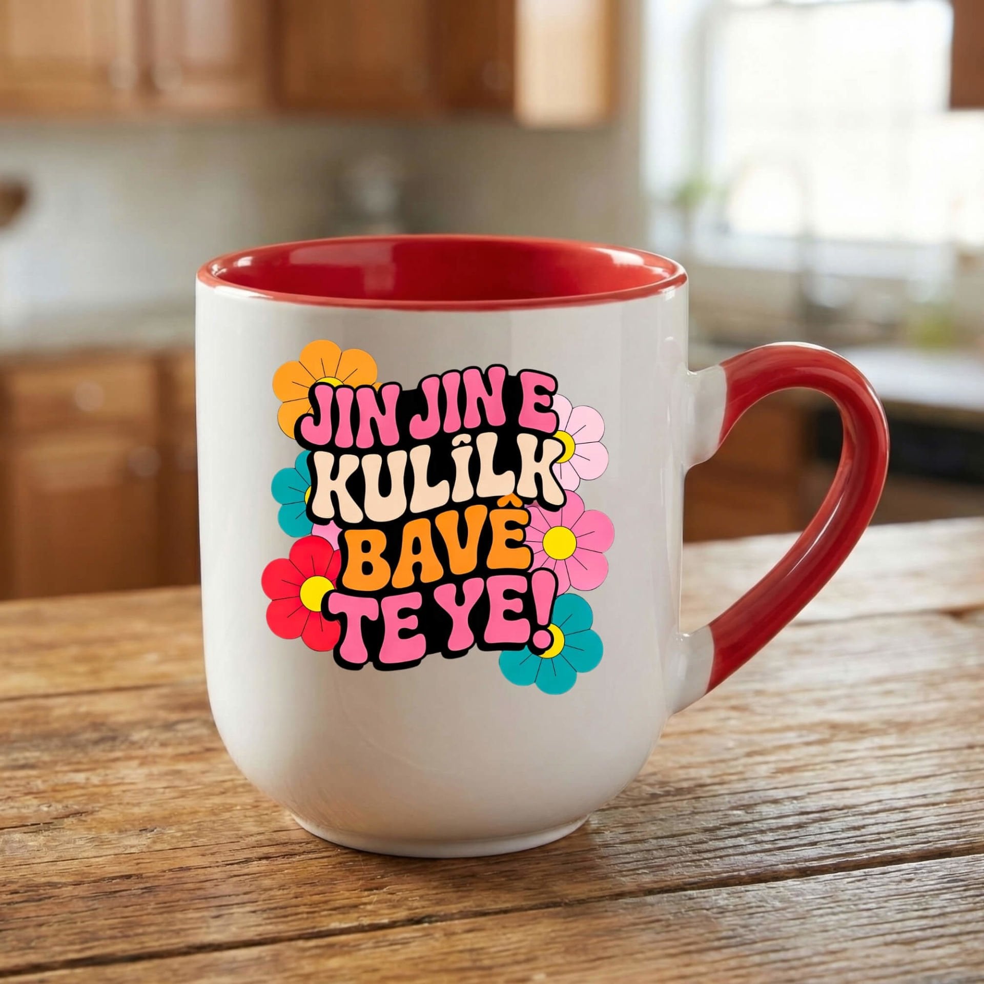 Jin Jin e Kulîlk Bavê Te Ye Elite Oval Kırmızı Renk Porselen Kupa Bardak
