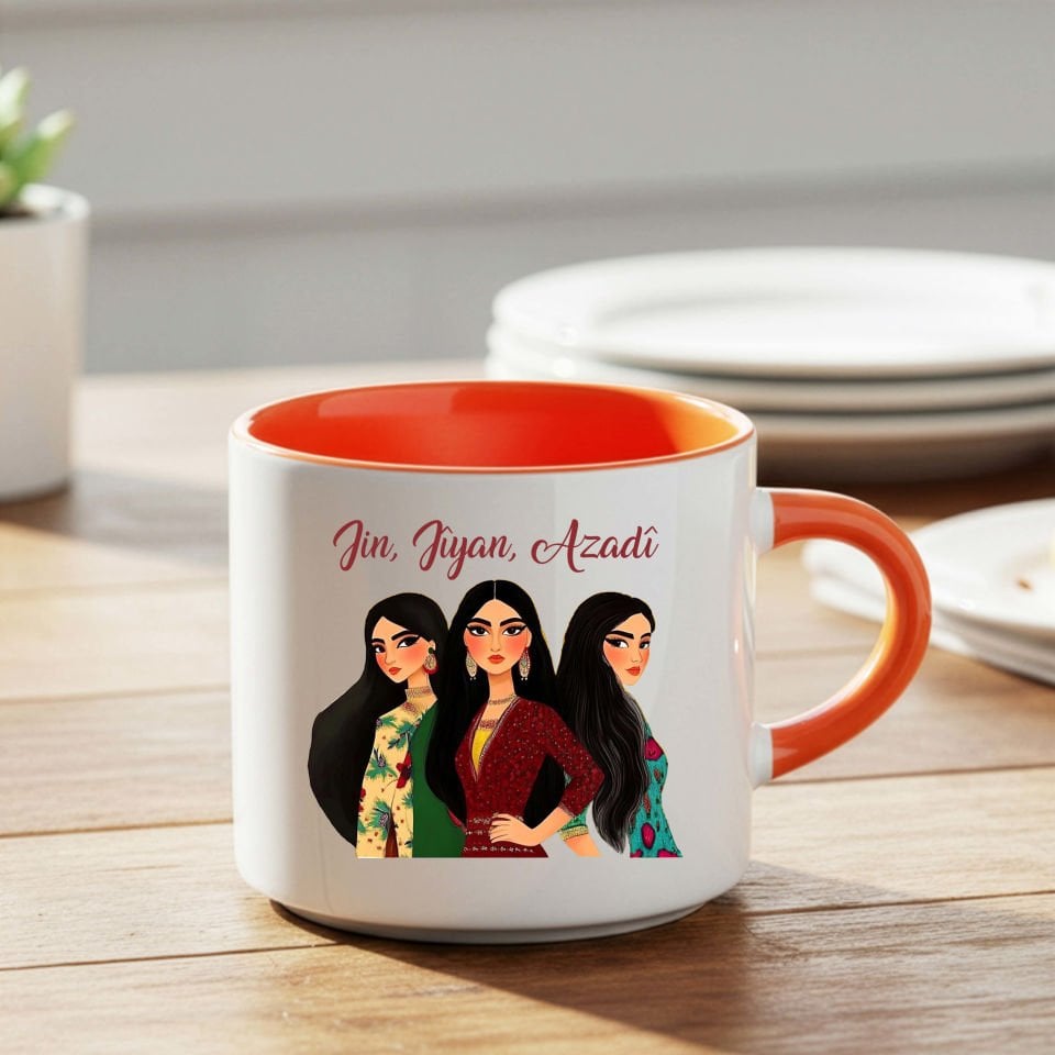 Jin Jiyan Azadi Tasarımlı Nescafe Turuncu Kupa Bardak - Jin Jiyan Azadi Yazılı Nescafe Kupası