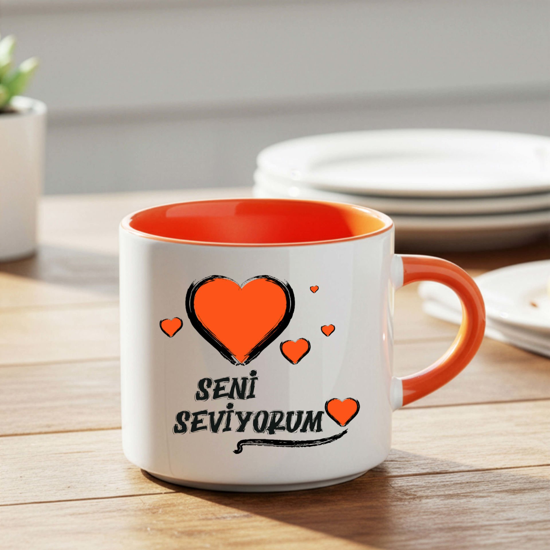 Seni Seviyorum Tasarımlı Nescafe Turuncu Kupa Bardak - Seni Seviyorum Yazılı Nescafe Kupası