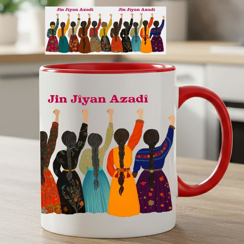 Jin Jiyan Azadi Tasarımlı Yöresel Desenli Klasik Kırmızı Renk Porselen Kupa Bardak