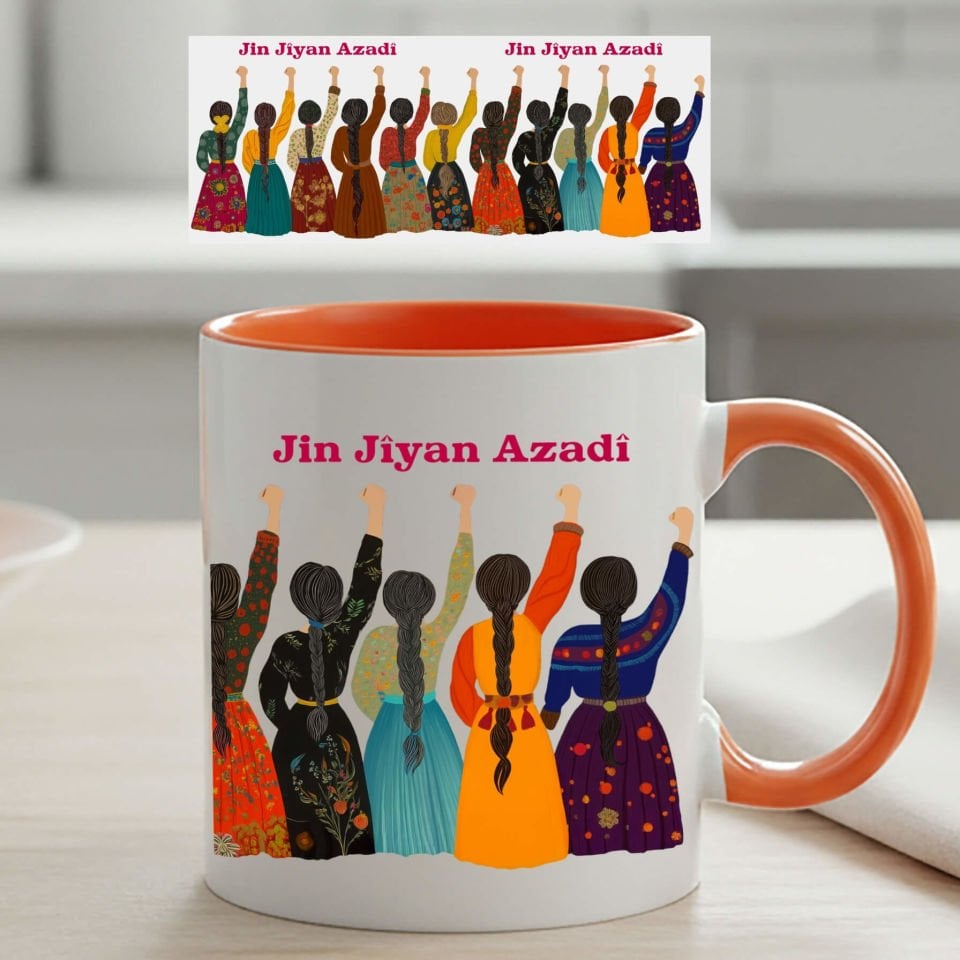 Jin Jiyan Azadi Tasarımlı Yöresel Desenli Klasik Turuncu Renk Porselen Kupa Bardak