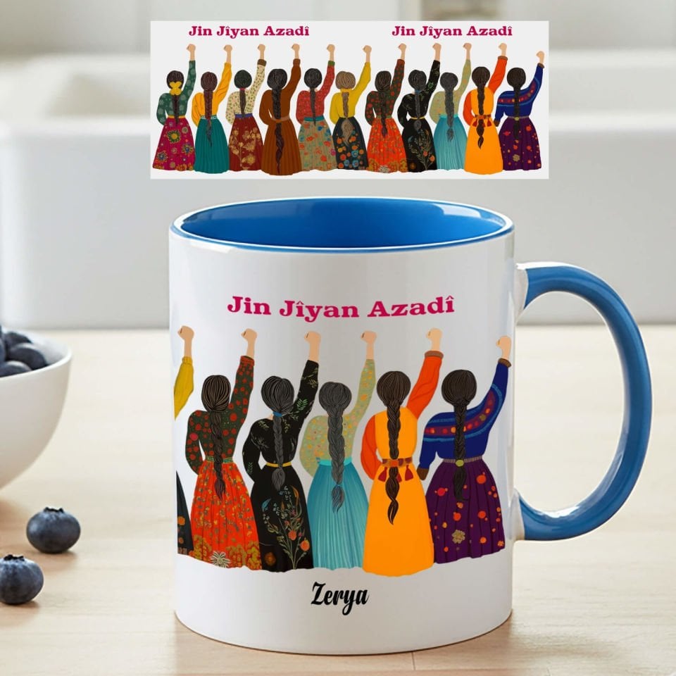 İsme Özel Jin Jiyan Azadi Tasarımlı Yöresel Desenli Klasik Mavi Renk Porselen Kupa Bardak