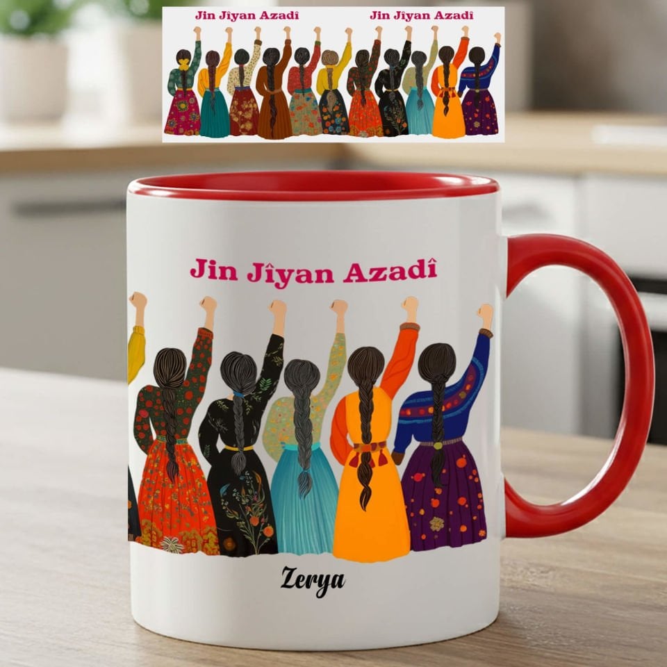 İsme Özel Jin Jiyan Azadi Tasarımlı Yöresel Desenli Klasik Kırmızı Renk Porselen Kupa Bardak