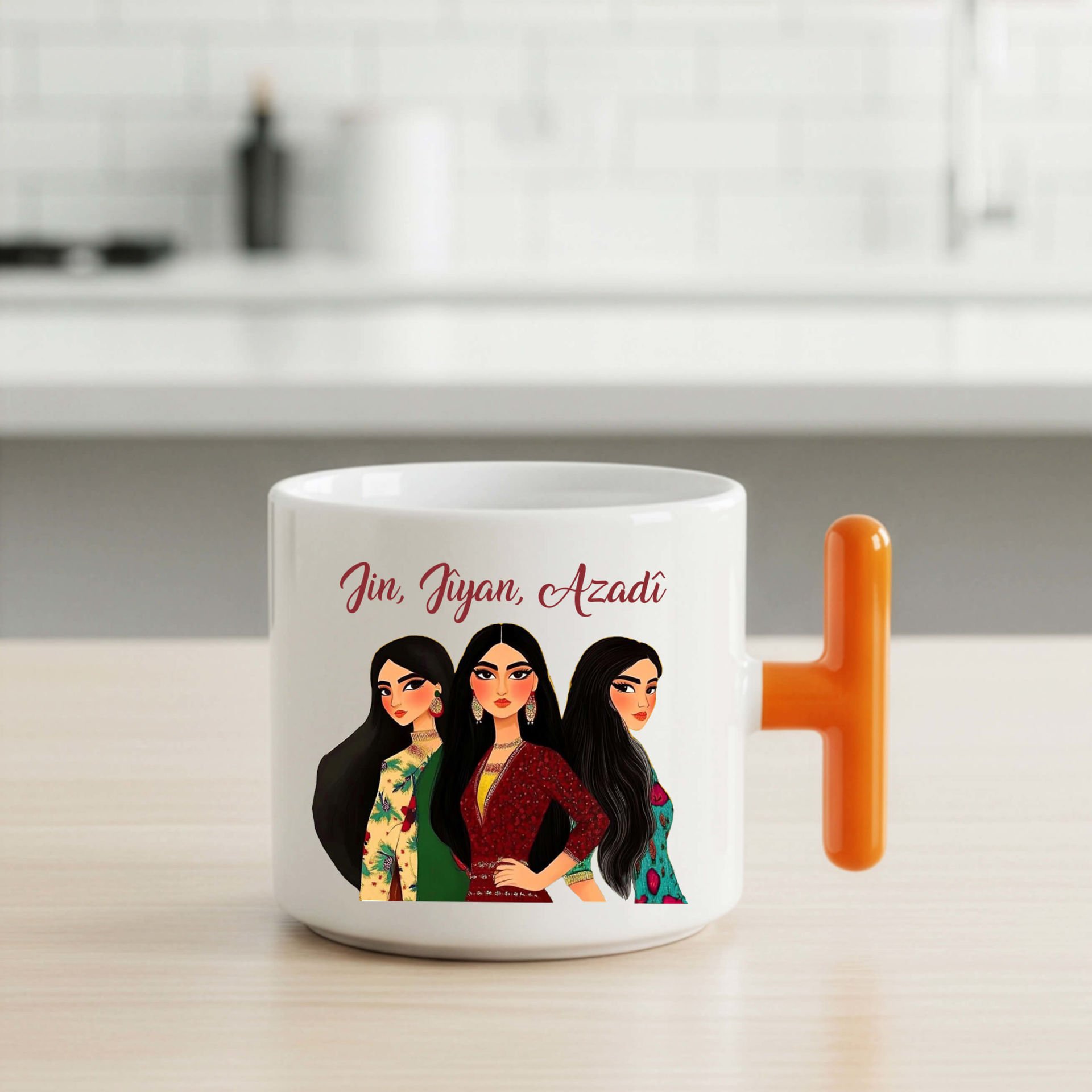 Jin Jiyan Azadi Tasarımlı Turuncu Renkli T Kupa Bardak - Jin Jiyan Azadi Yazılı T Kupası