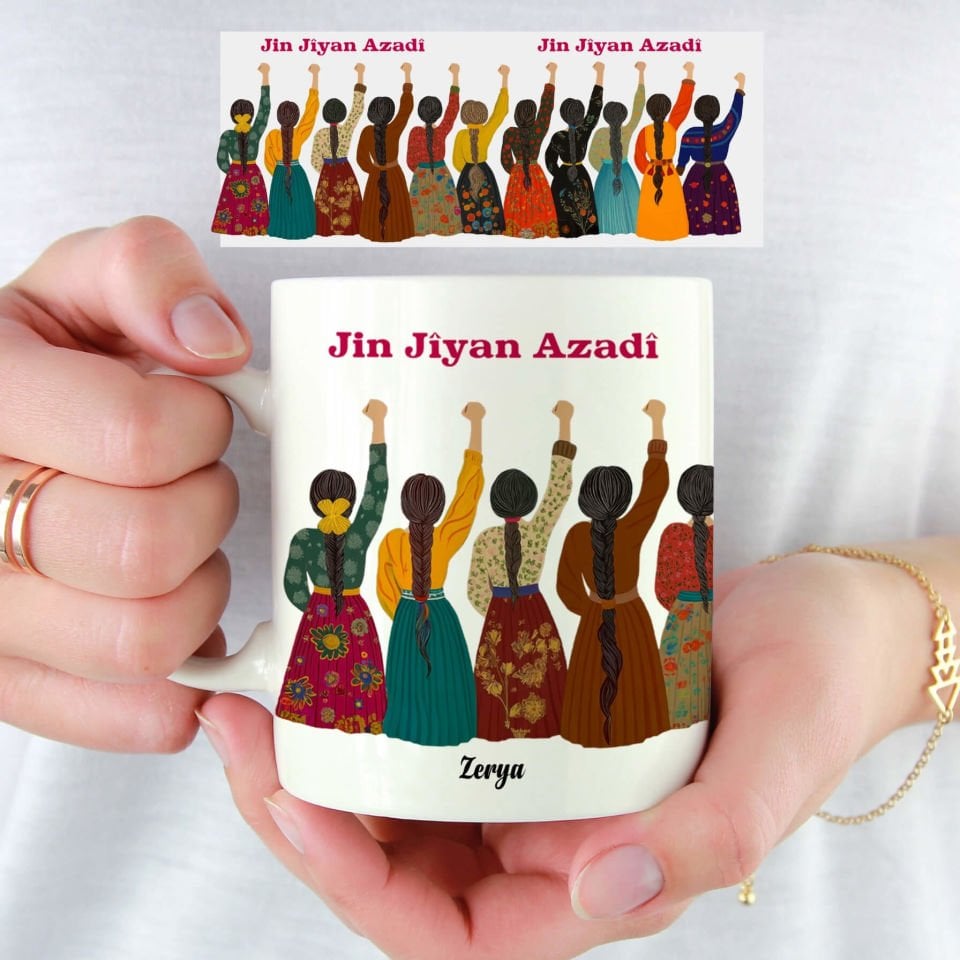 İsme Özel Jin Jiyan Azadi Tasarımlı Yöresel Desenli Porselen Klasik Kupa Bardak