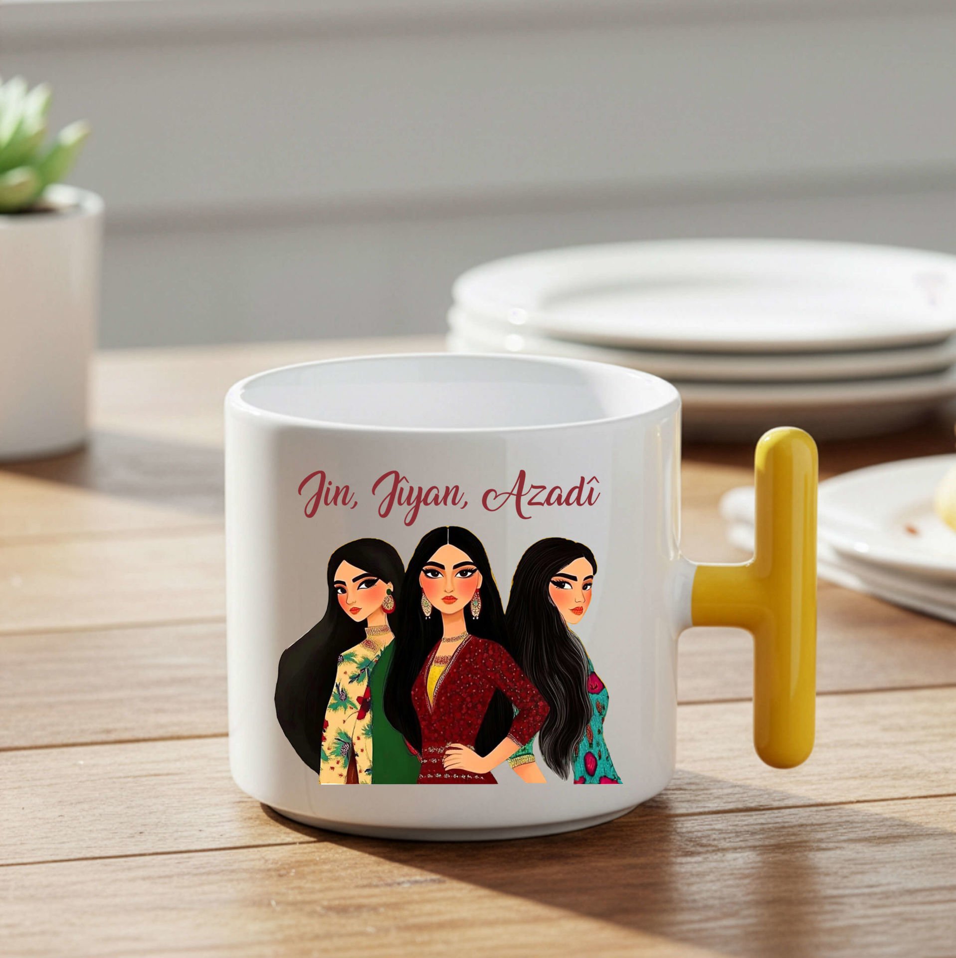 Jin Jiyan Azadi Tasarımlı Sarı Renkli T Kupa Bardak - Jin Jiyan Azadi Yazılı T Kupası
