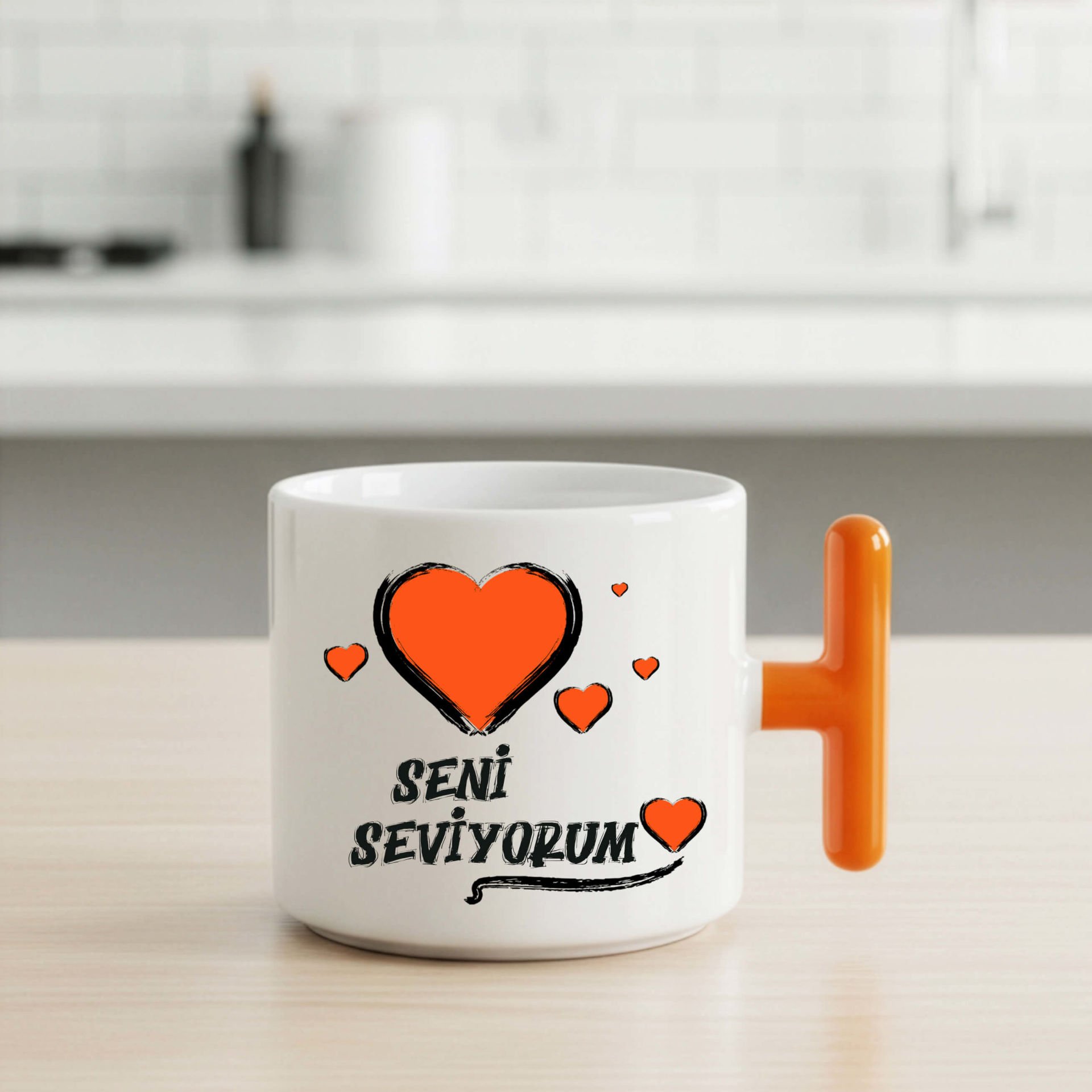 Seni Seviyorum Tasarımlı Turuncu Renkli T Kupa Bardak - Seni Seviyorum Yazılı T Kupası