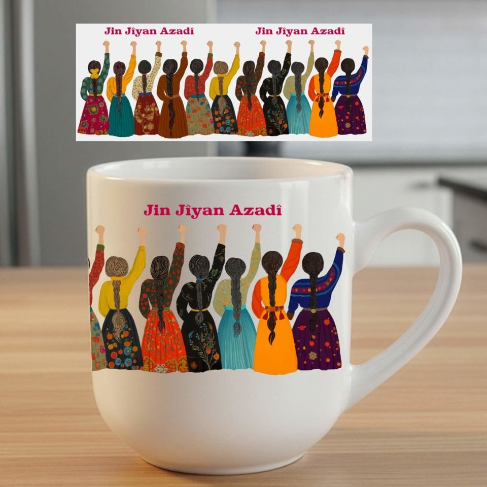 Jin Jiyan Azadi Tasarımlı Yöresel Desenli Oval Elite Beyaz Renk Porselen Kupa Bardak