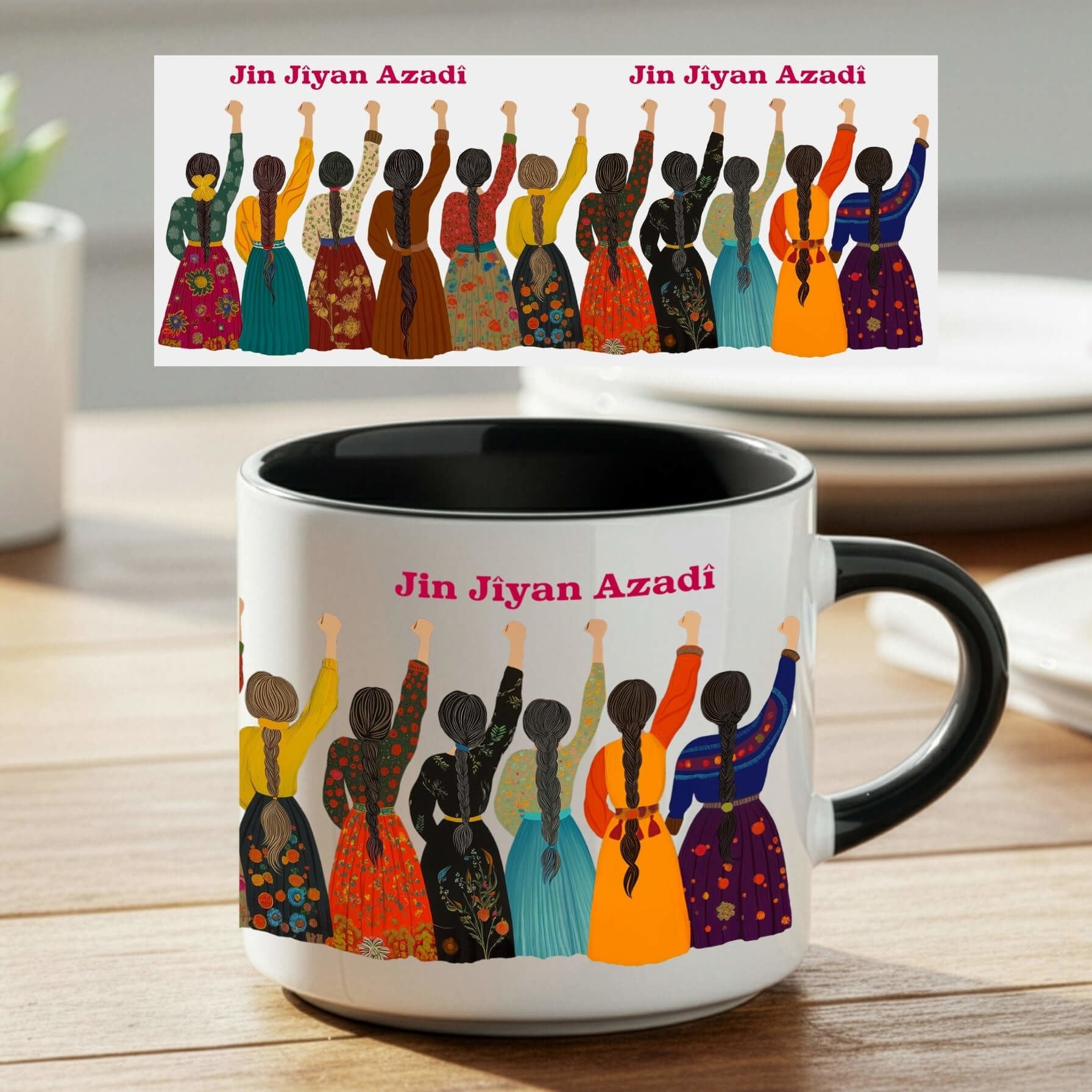 Jin Jiyan Azadi Tasarımlı Yöresel Desenli Nescafe Siyah Renk Porselen Kupa Bardak