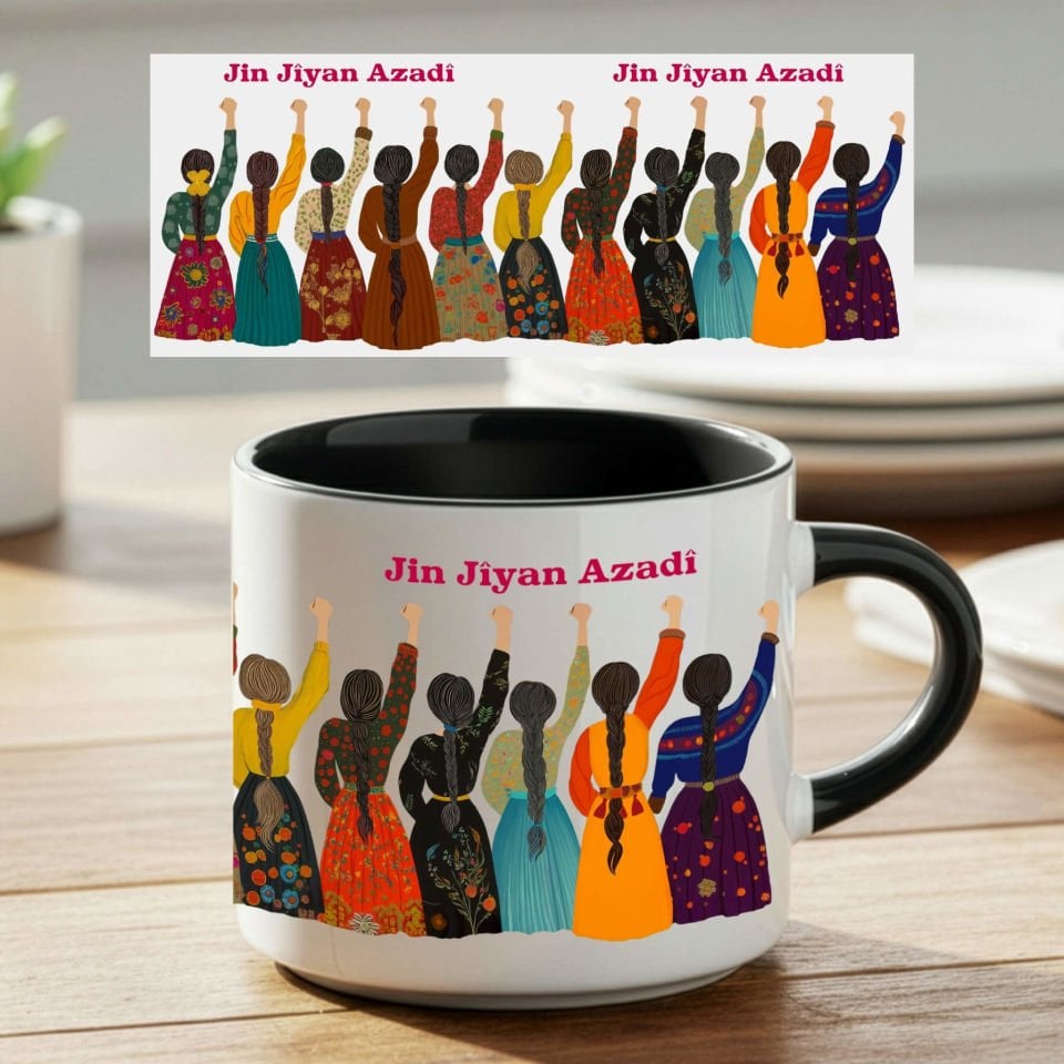 Jin Jiyan Azadi Tasarımlı Yöresel Desenli Nescafe Siyah Renk Porselen Kupa Bardak