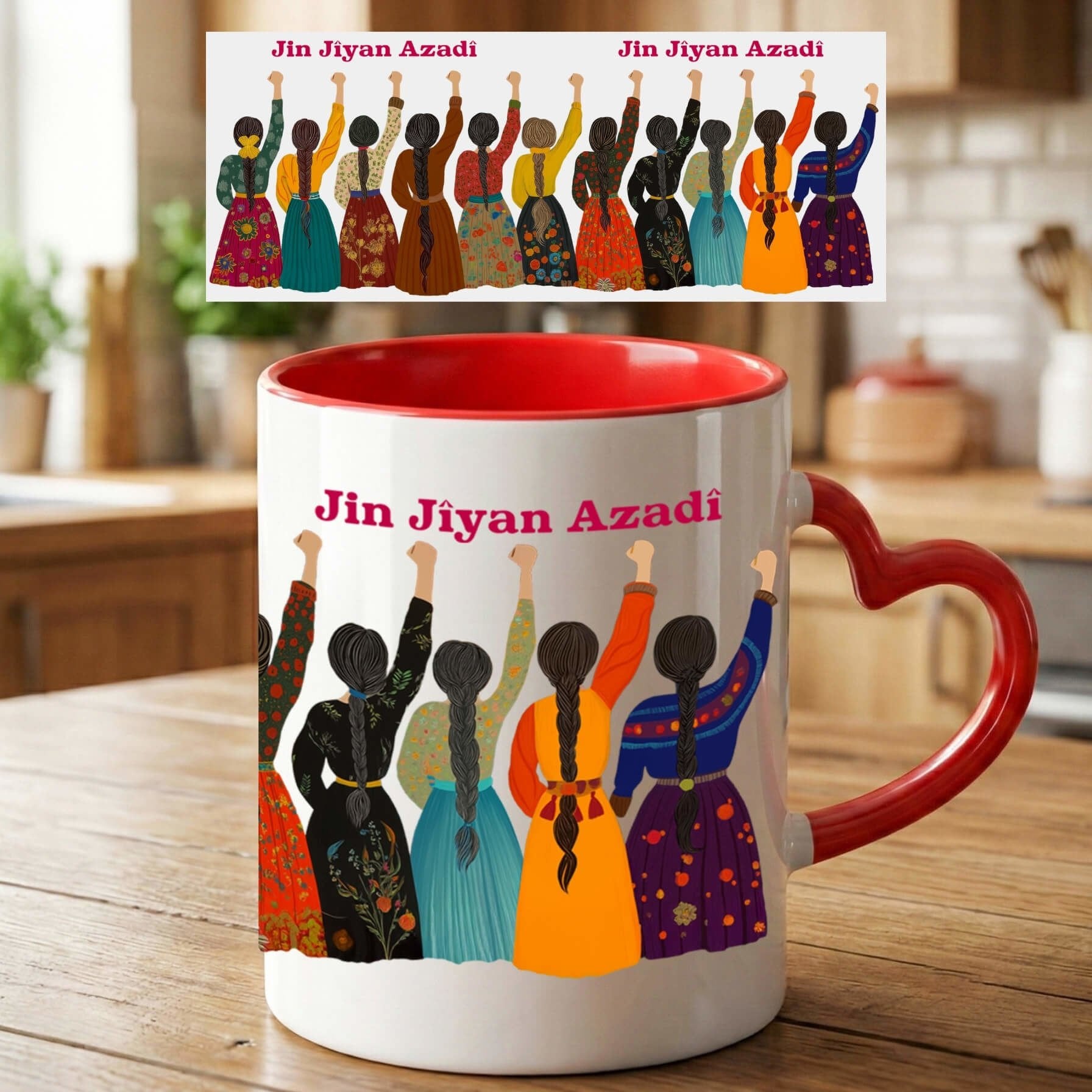 Jin Jiyan Azadi Tasarımlı Yöresel Desenli Kırmızı Renkli Kalp Kupa Bardağı