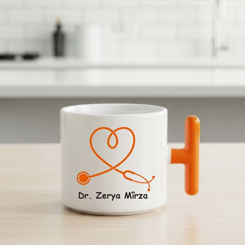 Doktorlara ve İsme Özel Turuncu Renkli T Kupa Bardak - Doktorlar İçin T Kupası