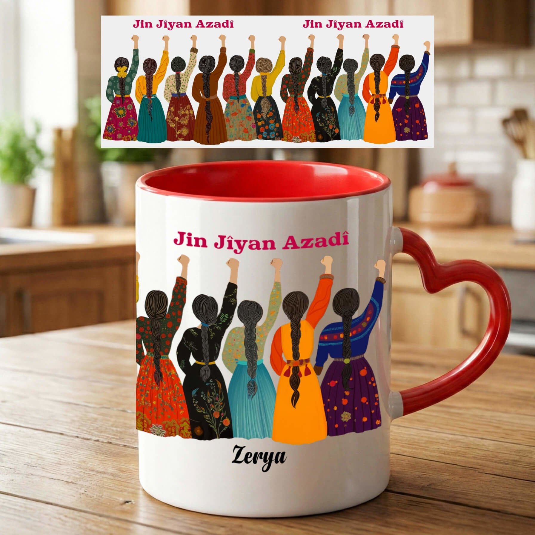 İsme Özel Jin Jiyan Azadi Tasarımlı Yöresel Desenli Kırmızı Renkli Kalp Kupa Bardağı