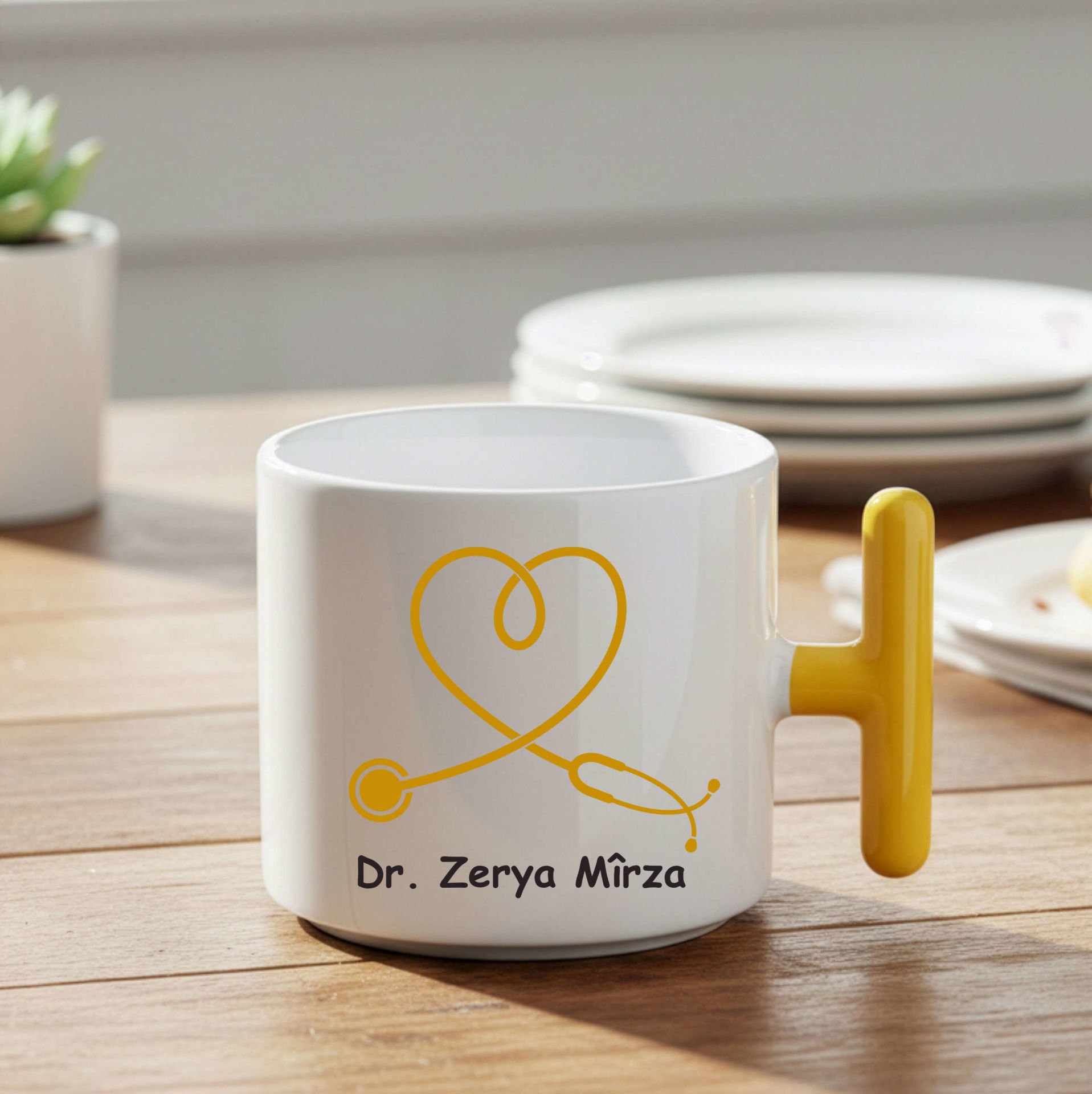 Doktorlara ve İsme Özel Sarı Renkli T Kupa Bardak - Doktorlar İçin T Kupası
