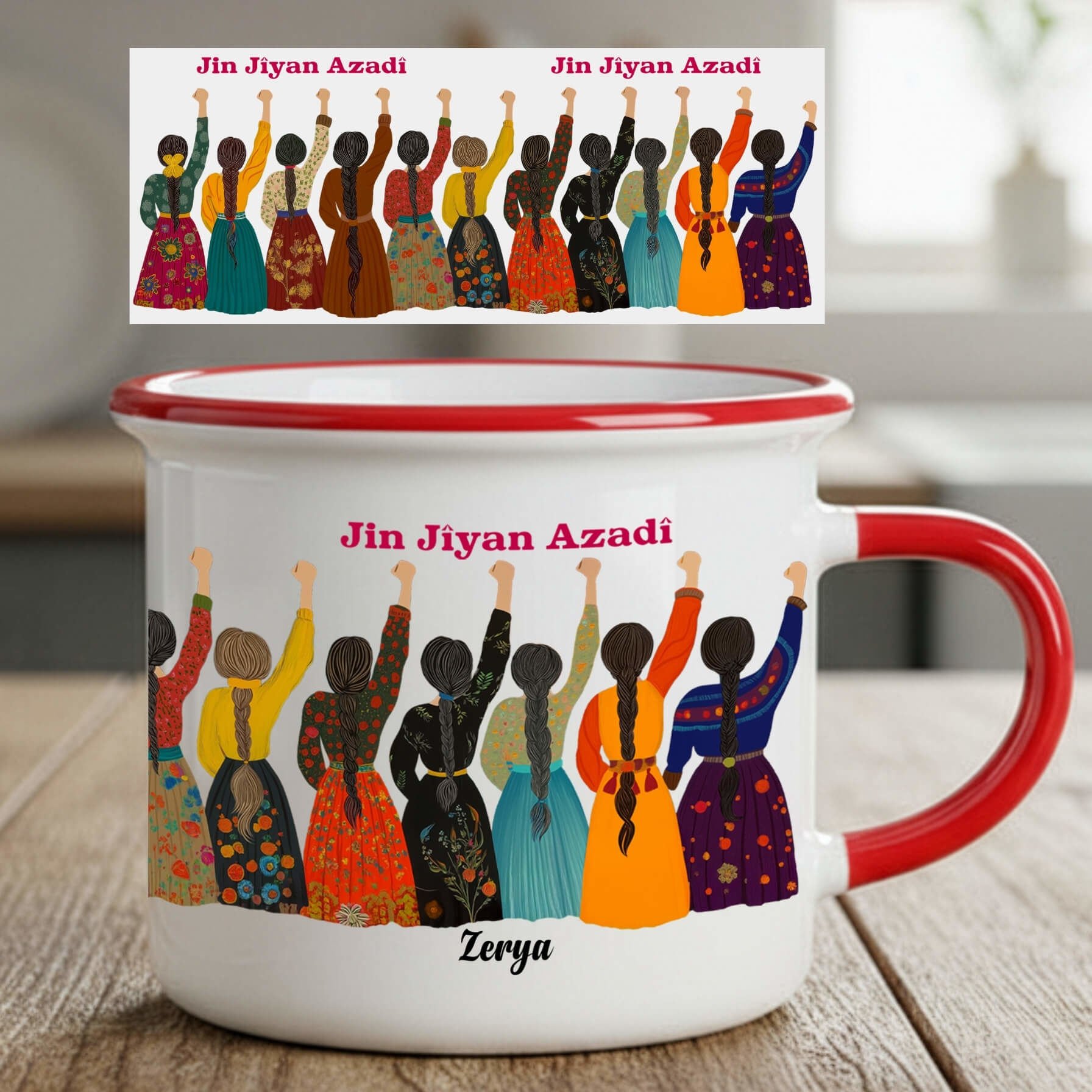 İsme Özel Jin Jiyan Azadi Tasarımlı Yöresel Desenli Enamel Kırmızı Kupa Bardağı