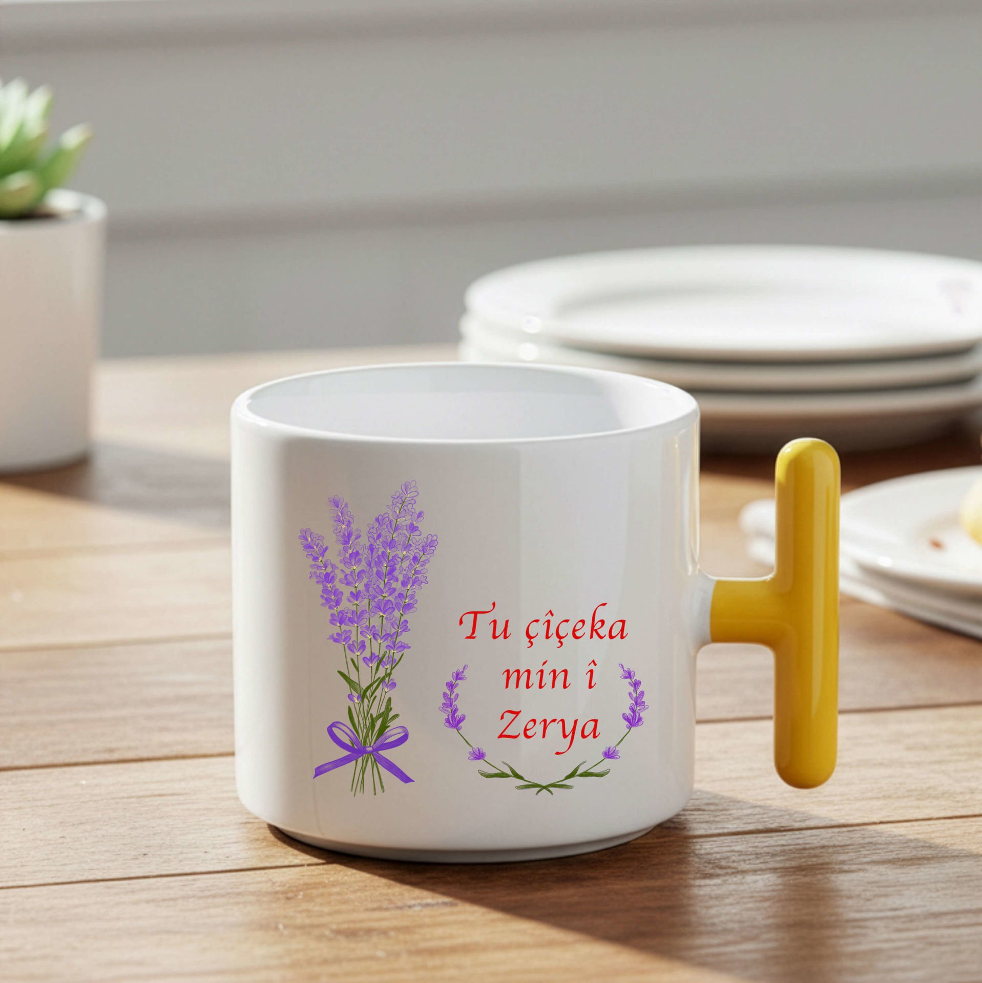 Kürtçe Tu Çiçeka Min i Tasarımlı Sarı Renkli T Kupa Bardak - Tu Çiçeka Min i T Kupası