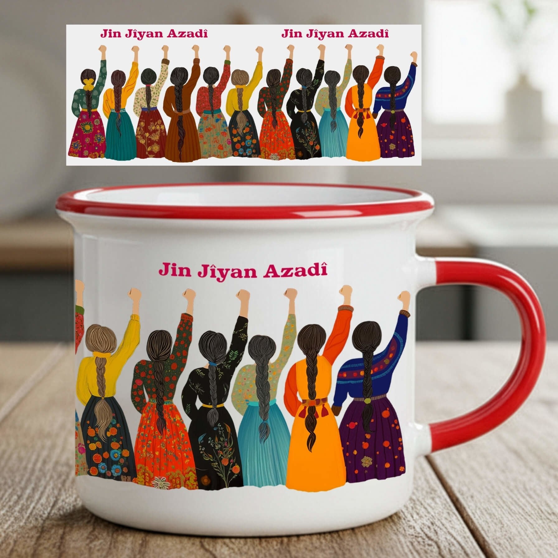 Jin Jiyan Azadi Tasarımlı Yöresel Desenli Enamel Kırmızı Kupa Bardağı