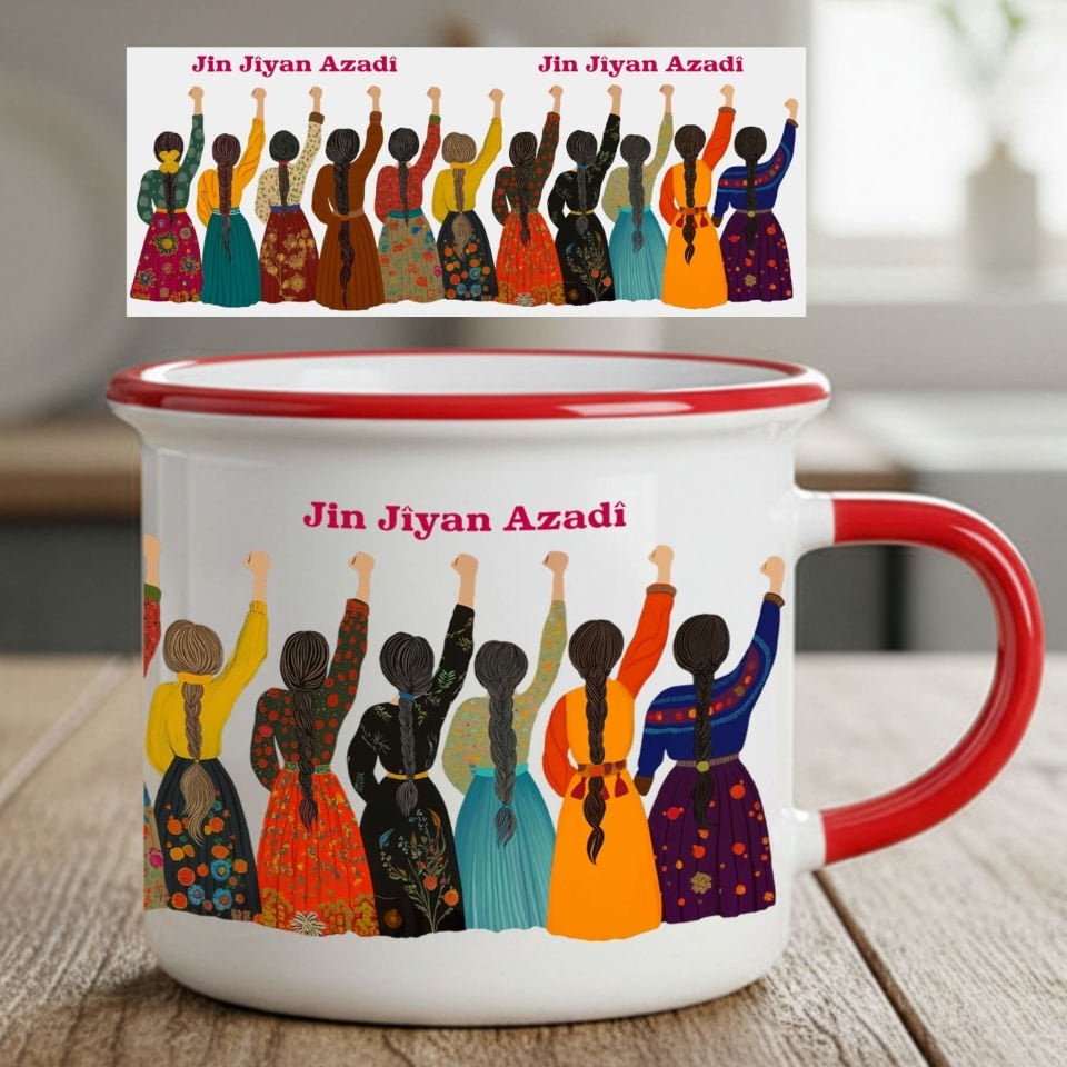 Jin Jiyan Azadi Tasarımlı Yöresel Desenli Enamel Kırmızı Kupa Bardağı