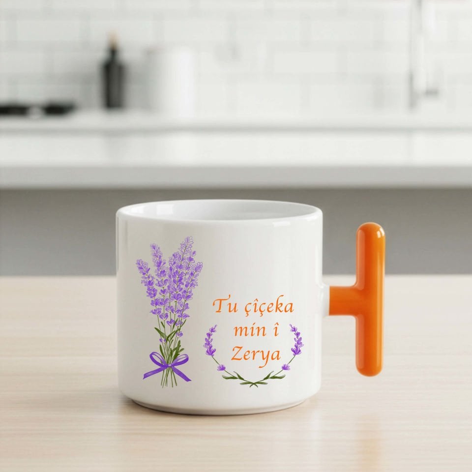 Kürtçe Tu Çiçeka Min i Tasarımlı Turuncu Renkli T Kupa Bardak - Tu Çiçeka Min i T Kupası