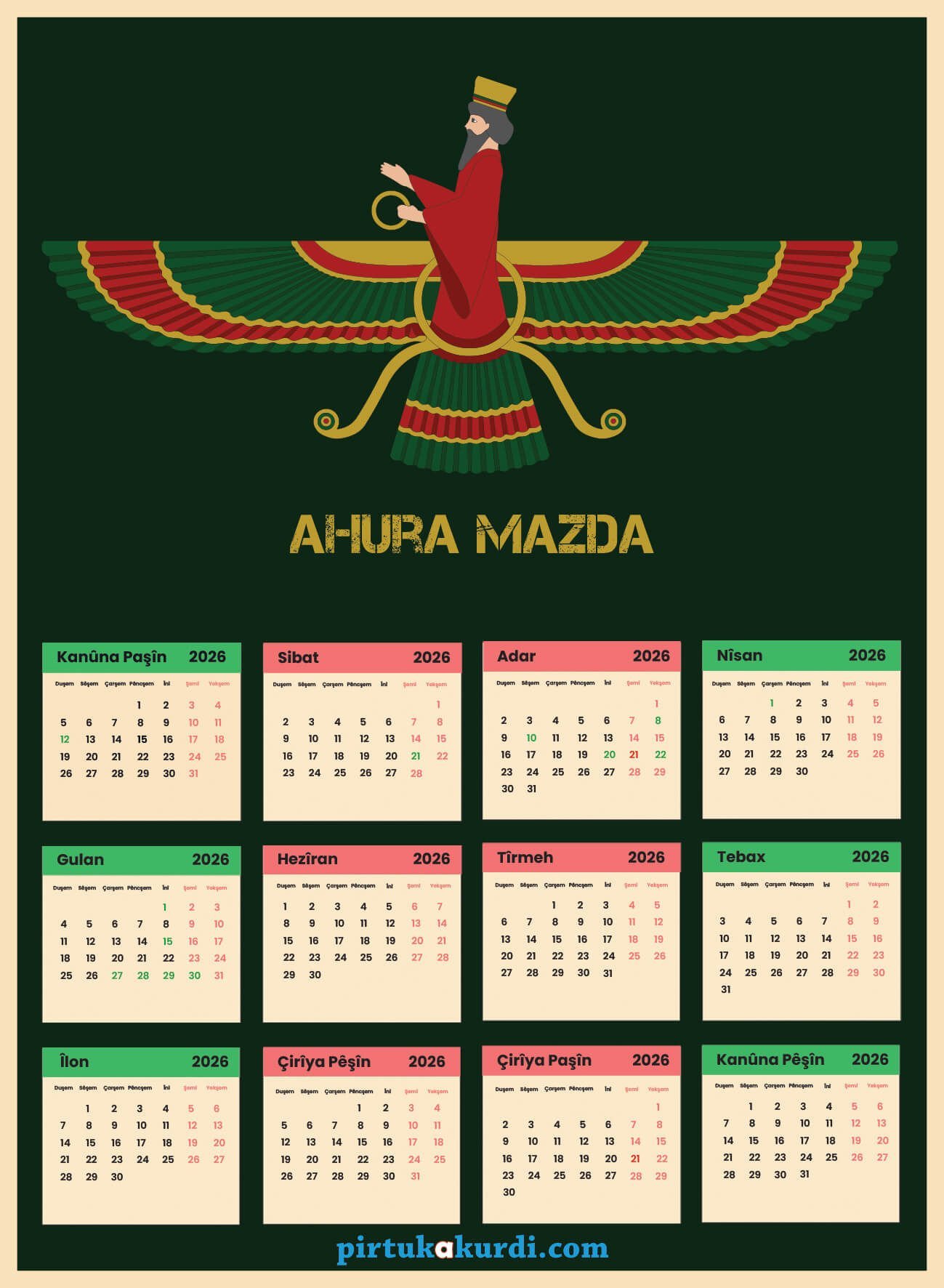Salnameya Kurdi 2026an - 2026 Kürtçe Takvim - Ahura Mazda