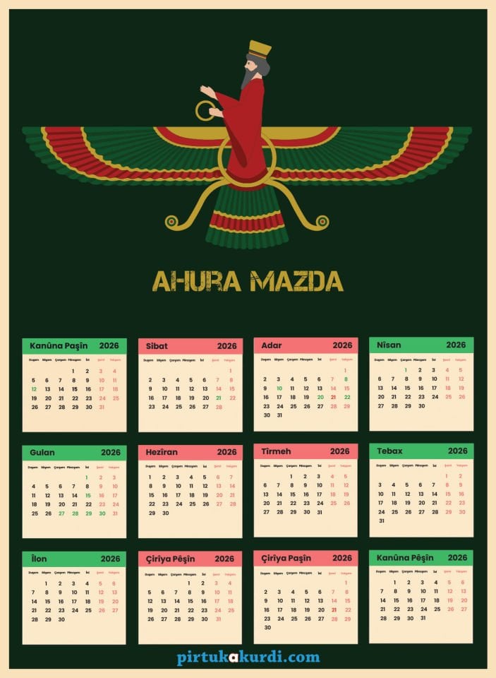 Salnameya 2026an - 2026 Kürtçe Takvim - Ahura Mazda