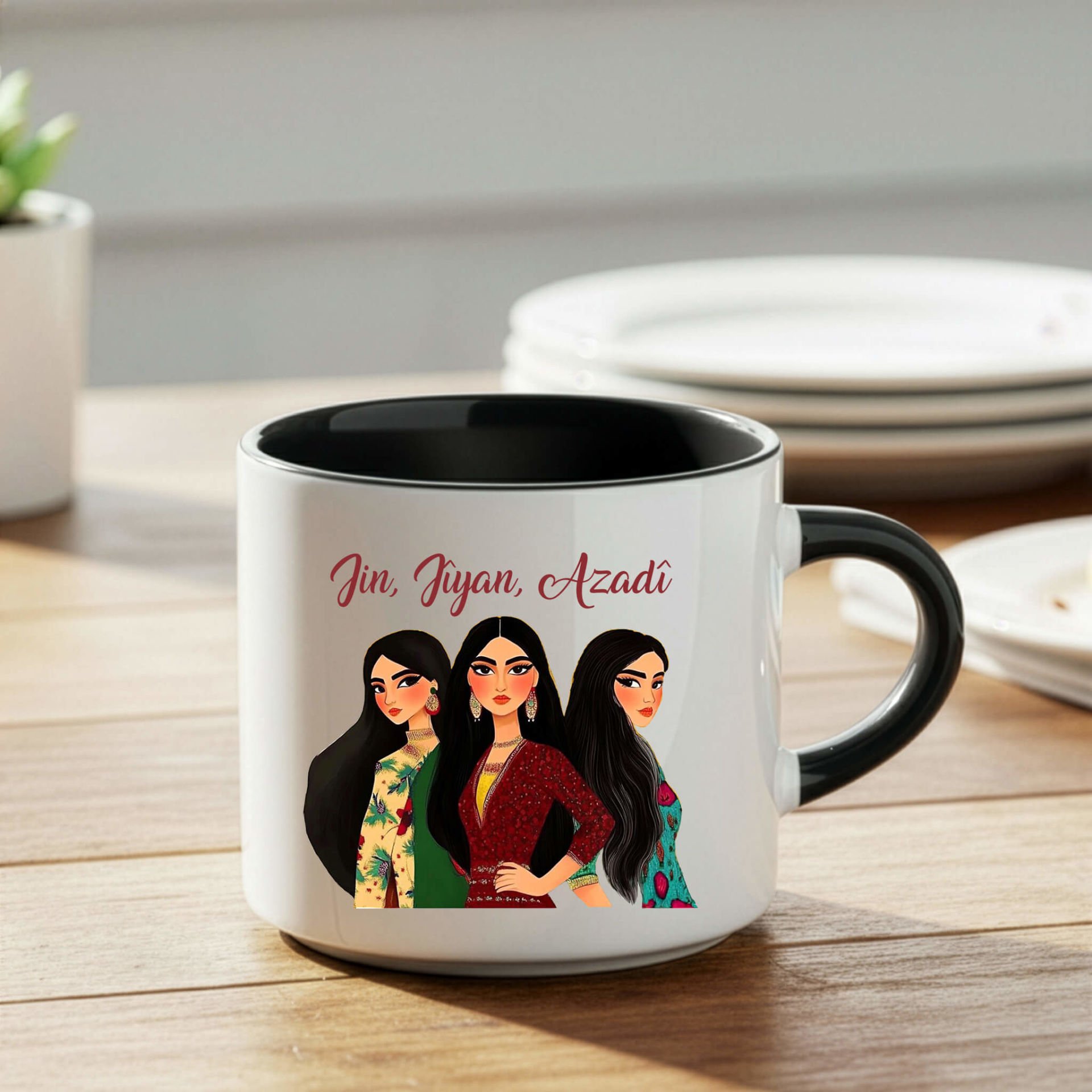 Jin Jiyan Azadi Tasarımlı Siyah Renkli Nescafe Kupa Bardak - Jin Jiyan Azadi Nescafe Kupası